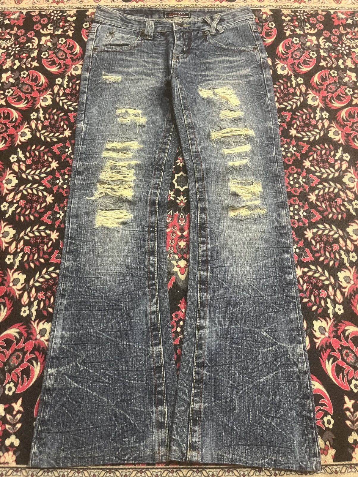 Le Grande Bleu (L.G.B.) Vintage African Taro Blue Thunder Washed Ripped Flare Jeans Size US 30 / EU 46 - 1 Thumbnail