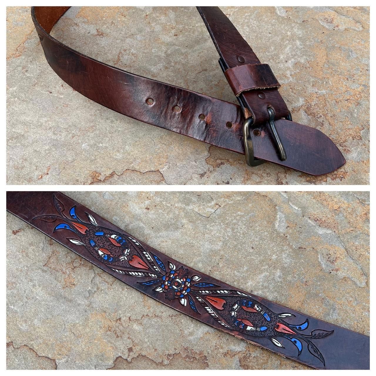 Designer Y2K Hand Tooled/Painted Brown Leather Belt Size ONE SIZE - 1 Thumbnail