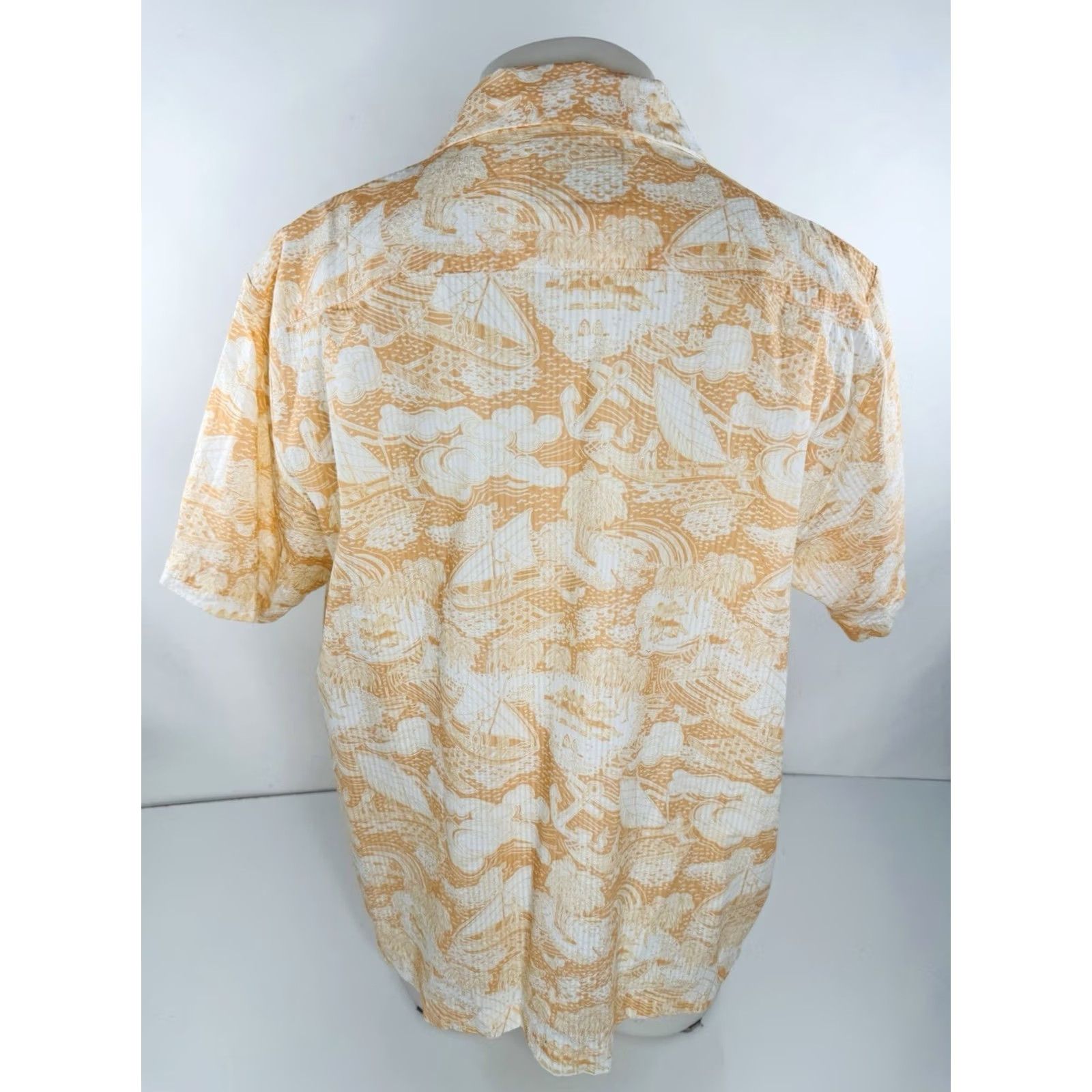 Tombolo TOMBOLO - Nautical Sailboat Guayabera Cloth Button-Up Hawaiian Aloha Shirt EXC - Salmon / White, L, Men, Short Sleeve, Button-Up, Hawaiian Theme, C9 Size US L / EU 52-54 / 3 - 7 Thumbnail