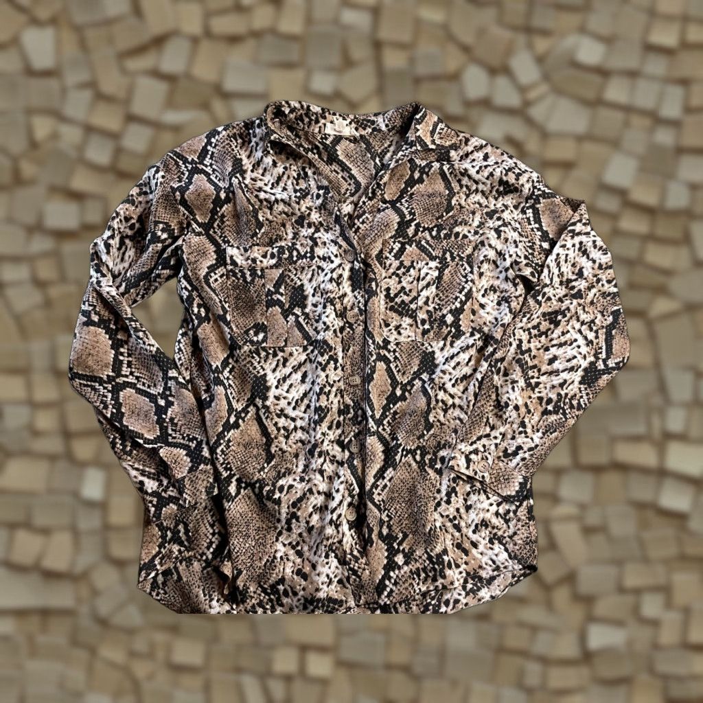 Skin Entro Shirt Women Size Small Tan Black Button Up Snake Skin Pattern Pockets Size S / US 4 / IT 40 - 1 Thumbnail