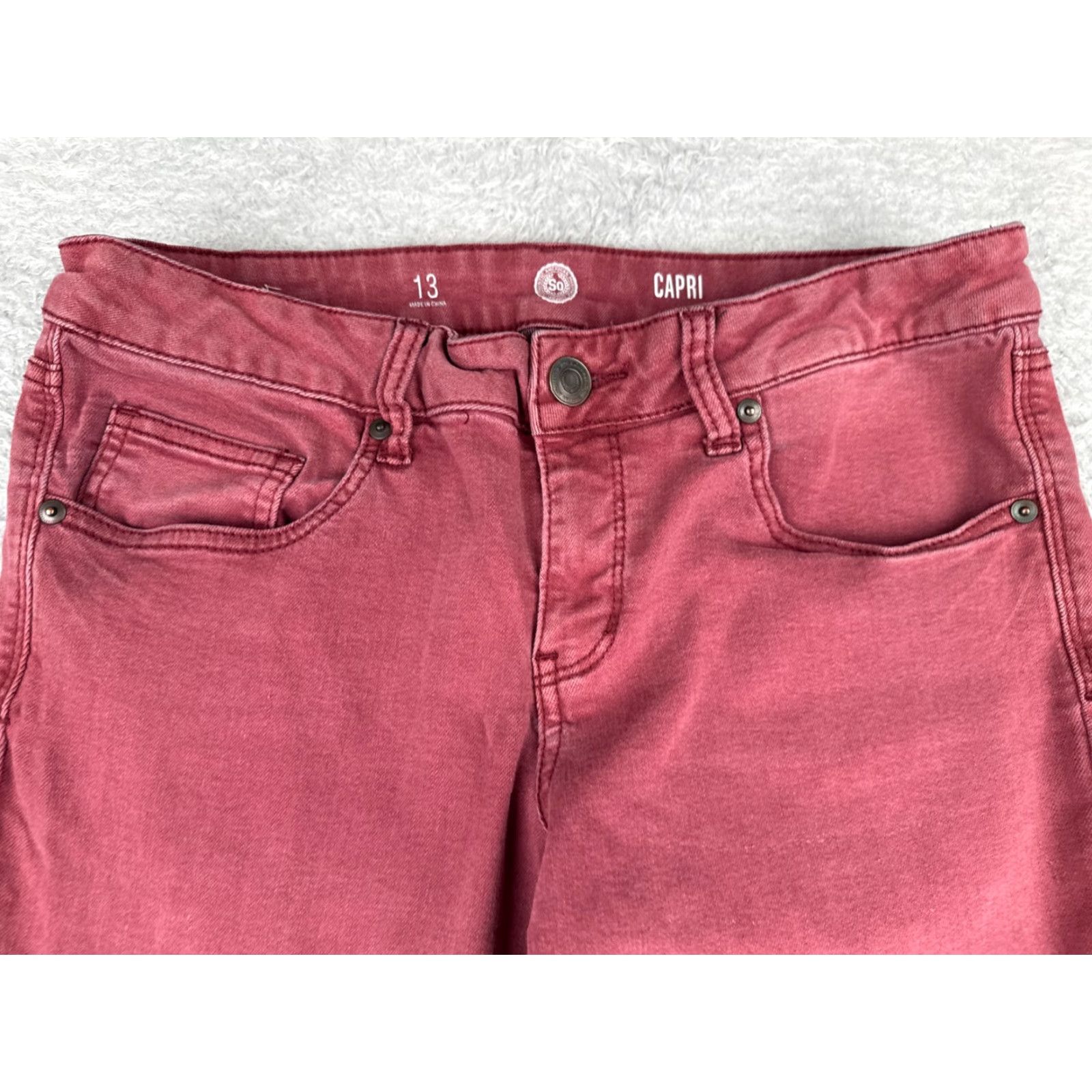 Vintage SO Jeans Juniors 13 Red Denim Capri Mid Rise Cotton Rayon Blend 30x22 Size 34" / US 12 / IT 48 - 4 Thumbnail