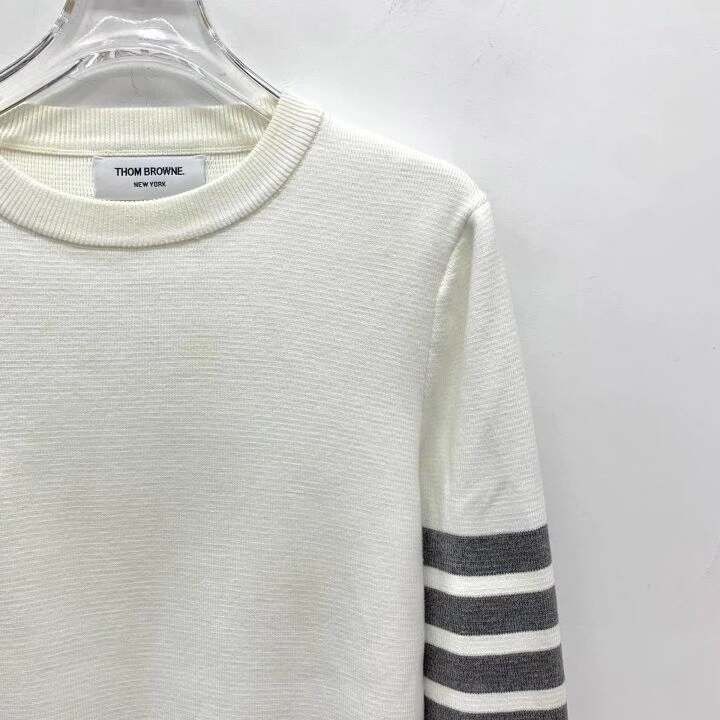 Thom Browne Thom Browne White Classic Four-Bar Cotton Sweater Size US L / EU 52-54 / 3 - 3 Thumbnail