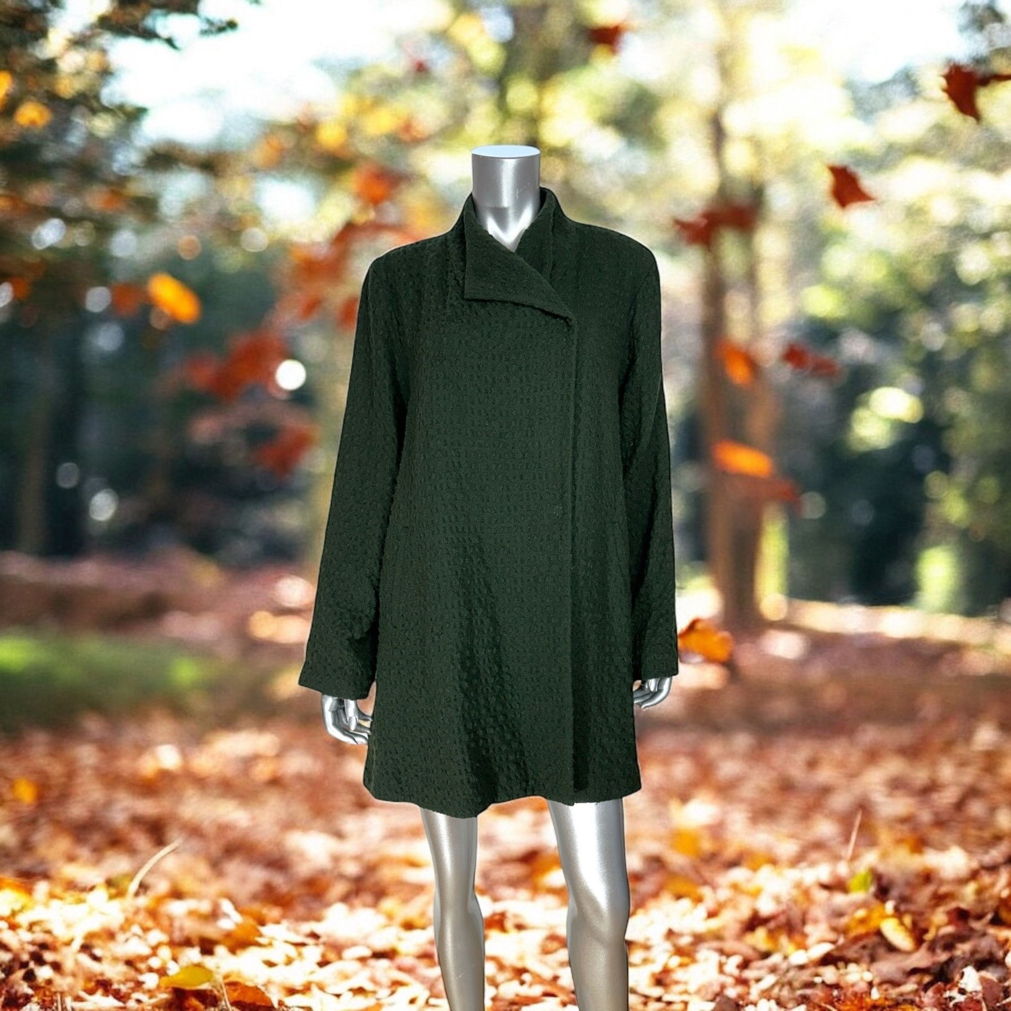 Eileen Fisher Eileen Fisher Waffle Dark Green Wool Blend Coat With Asymmet Size L / US 10 / IT 46 - 1 Thumbnail