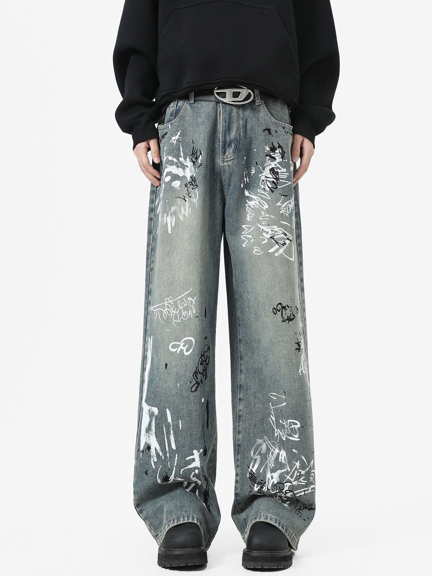 Jean High Street Men's Straight Leg Graffiti Casual Curved Jeans Size US 32 / EU 48 - 1 Thumbnail