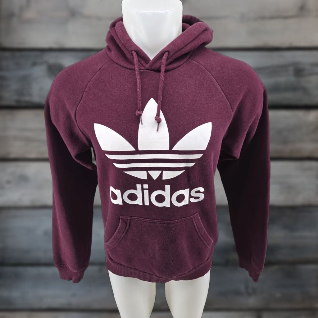 Adidas Adidas Trefoil Spellout Hooded Pullover Jacket Hoodie Sweatshirt Small Mens Burgundy 100% Cotton Athletic Casual Autumn Winter Spring Size US S / EU 44-46 / 1 - 1 Thumbnail