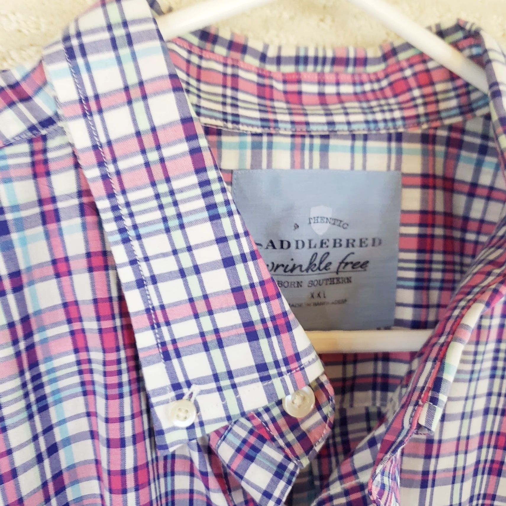 Born Saddlebred Shirt Mens XXL Pink Blue Plaid Regular Short Sleeve Button-Up Wrinkle Free Size US XL / EU 56 / 4 - 7 Thumbnail