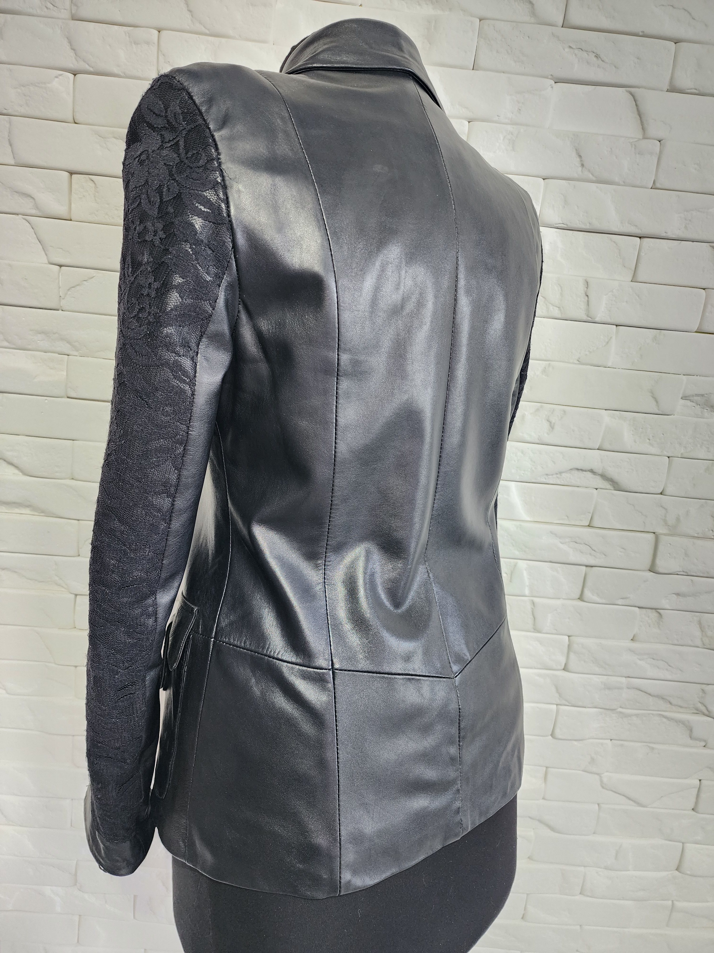 Genuine Leather Black women's jacket decorated with a veil. Size M / US 6-8 / IT 42-44 - 5 Thumbnail