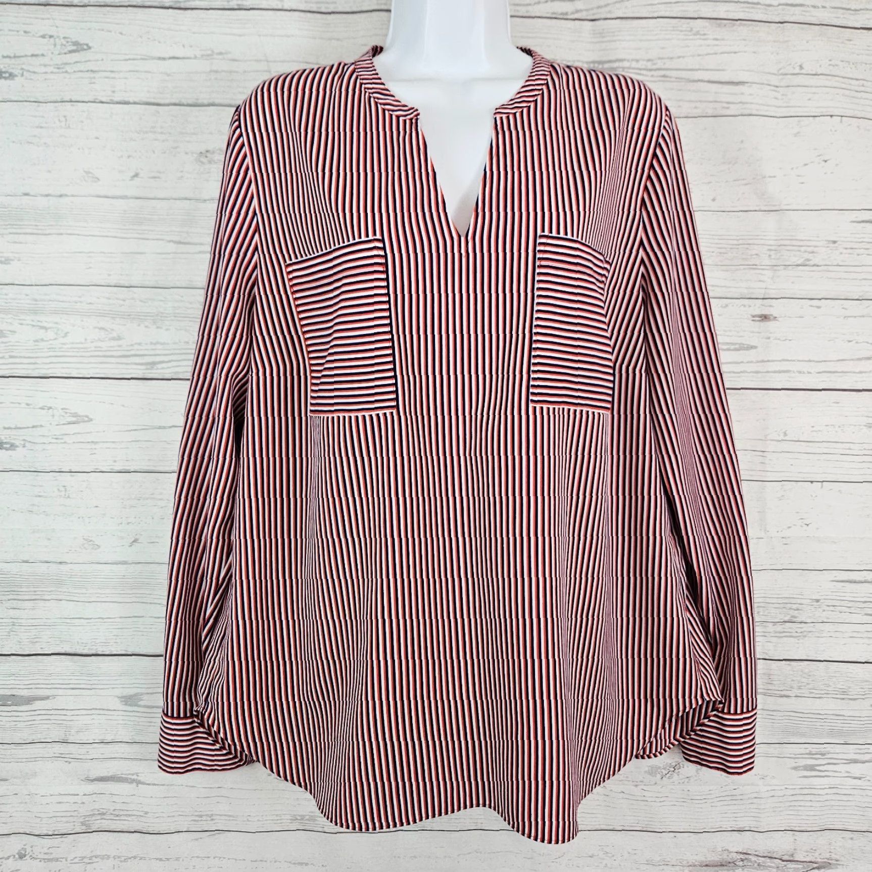 Vintage Cabi 5335 Womens Franklin Blouse Striped Long Sleeve Pullover Red Blue Sz L Size L / US 10 / IT 46 - 2 Thumbnail