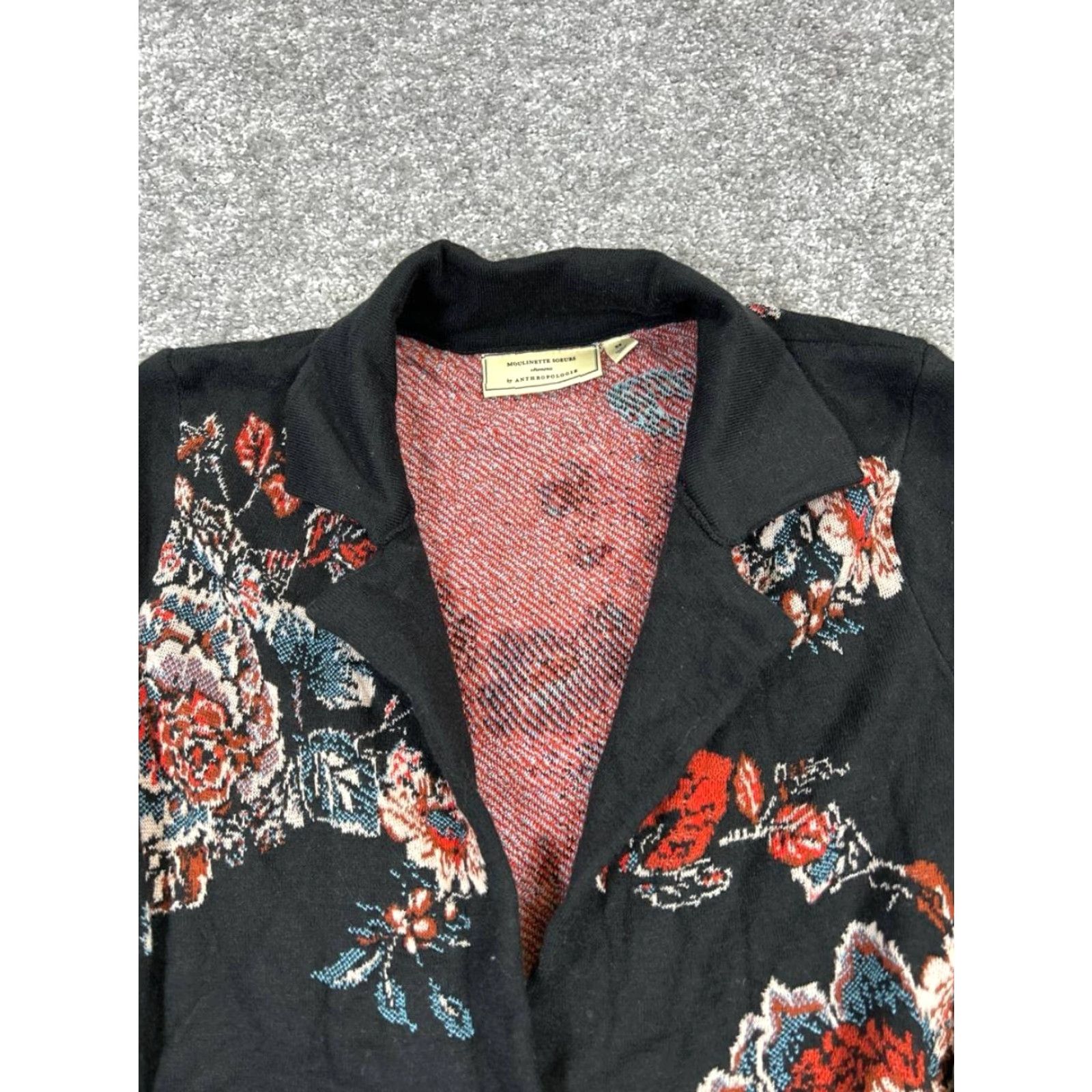 Vintage Moulinette Soeurs Sweater Womens XS Black Floral Knit Cardigan Open Front Cotton V-Neck Long Sleeve Winter Fall Spring Mens, Womens Size XS / US 0-2 / IT 36-38 - 2 Thumbnail