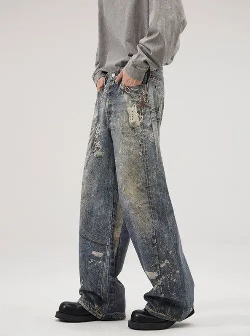Japanese Brand × Jean Blue washed distressed ink-splatter tie-dye straight jeans Size US 32 / EU 48 - 4 Thumbnail