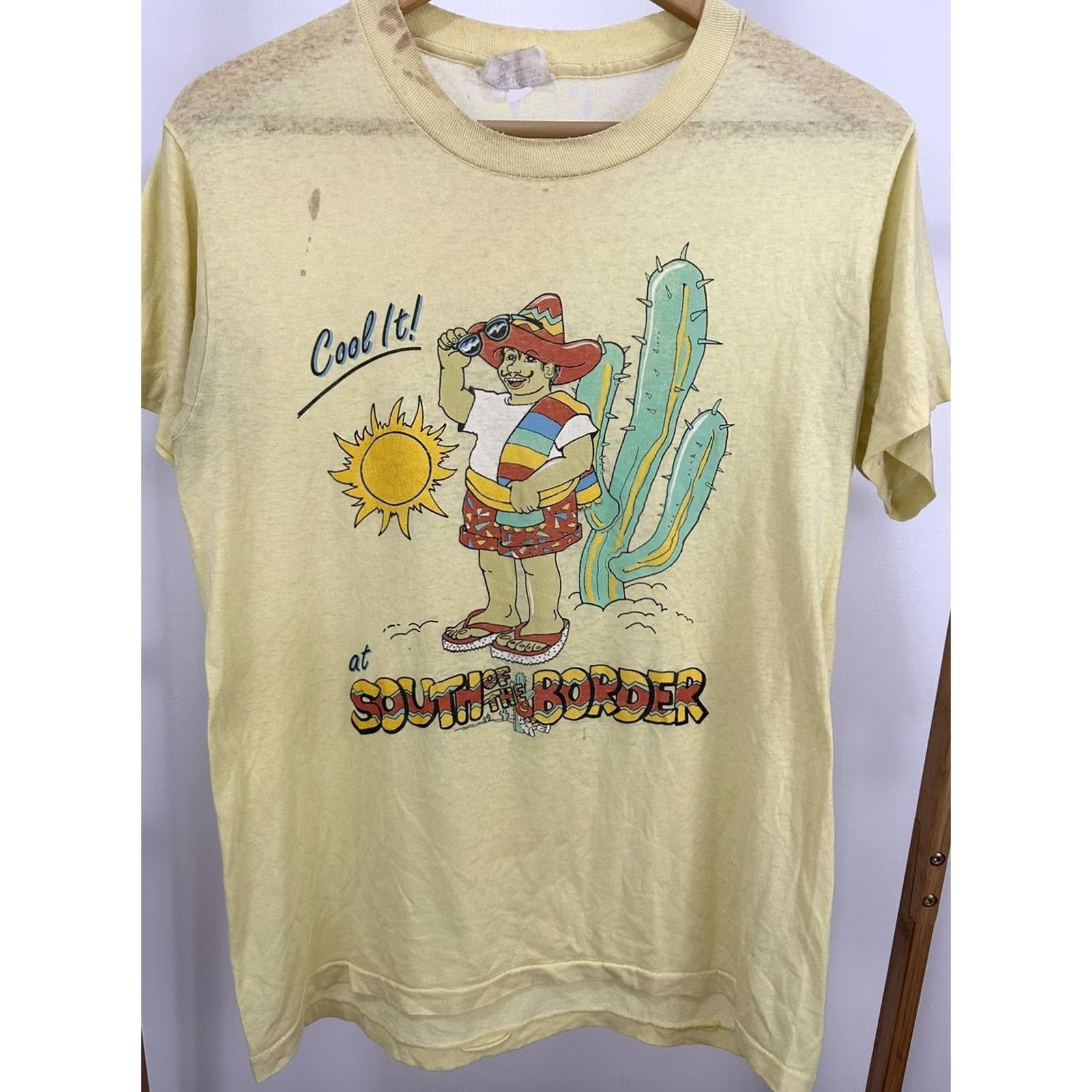 Vintage VTG 80s Cool It At South Of The Border Super Paper Thin Burnout Worn T-Shirt L Yellow Mens Short Sleeve Vintage Shirt Size US L / EU 52-54 / 3 - 4 Thumbnail