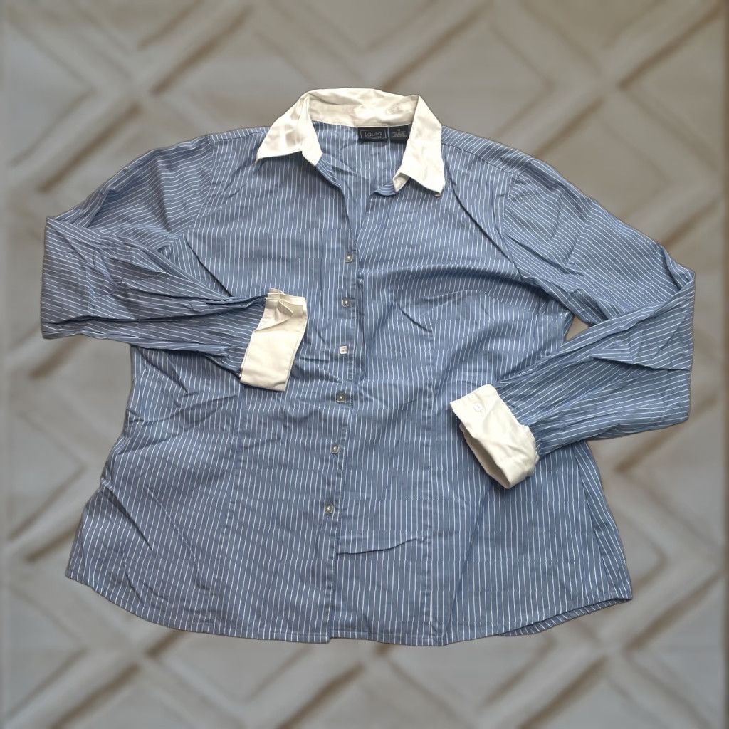 Vintage Laura Scott Blouse Shirt Womens 16 Blue Striped Business Work Office Top Ladies Size XXL / US 16-18 / IT 52-54 - 1 Thumbnail