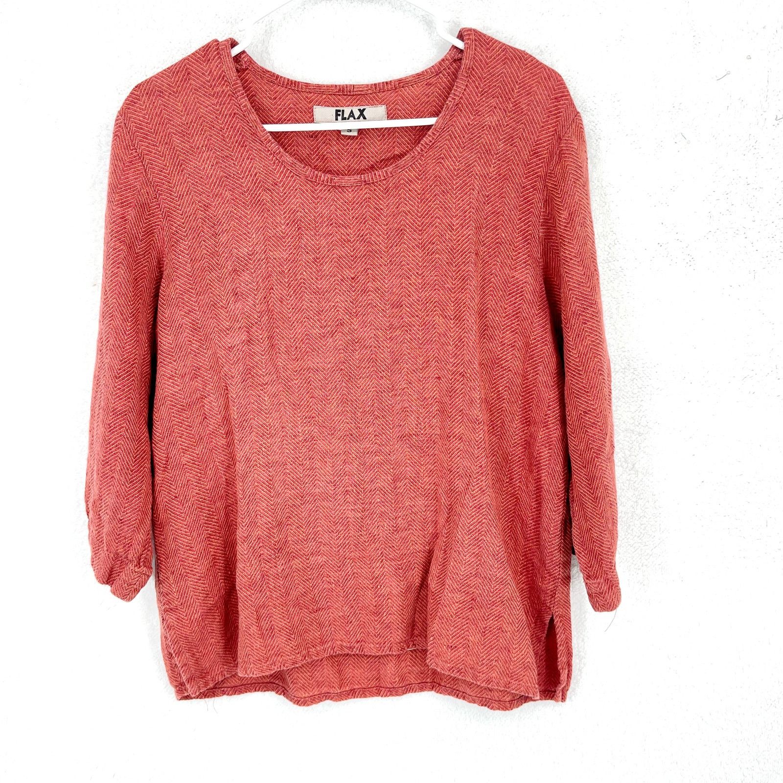 FLAX Flax Coral Linen Lightweight 3/4 Sleeve Swoop Neck Top - S Size S / US 4 / IT 40 - 1 Thumbnail