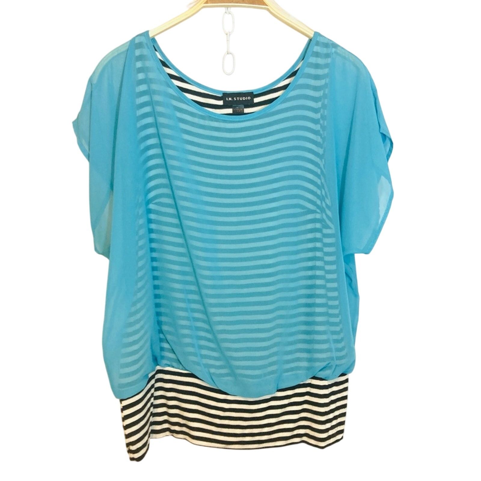 Other I.N. Studio Turquoise Blue Blouse Black White Stripe Top Size M / US 6-8 / IT 42-44 - 1 Thumbnail