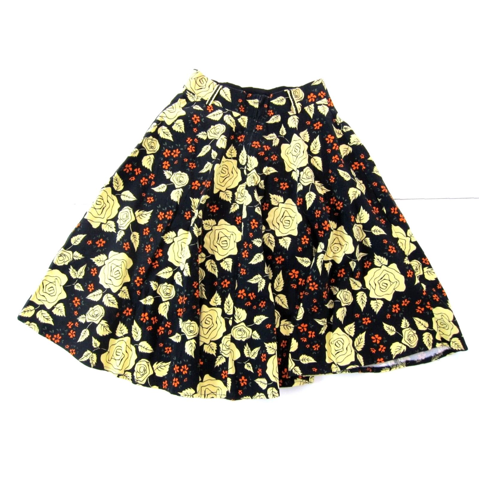 Vintage Voodoo Vixen Black Ivory Orange Floral Rockabilly Cotton Stretch A-Line Skirt S Size 28" / US 6 / IT 42 - 2 Thumbnail