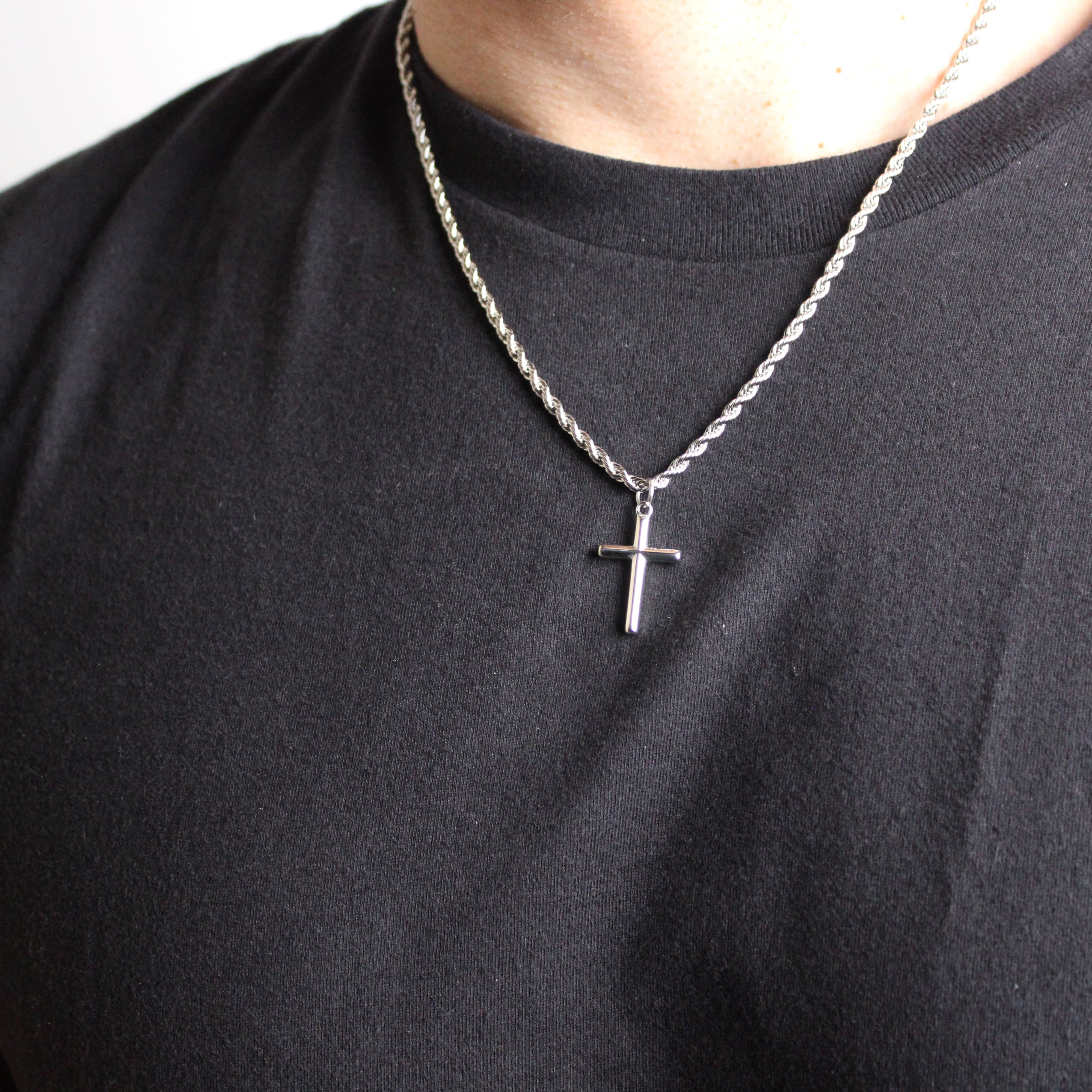 Jewelry Silver Cross Pendant Necklace With Rope Chain Size ONE SIZE - 3 Thumbnail