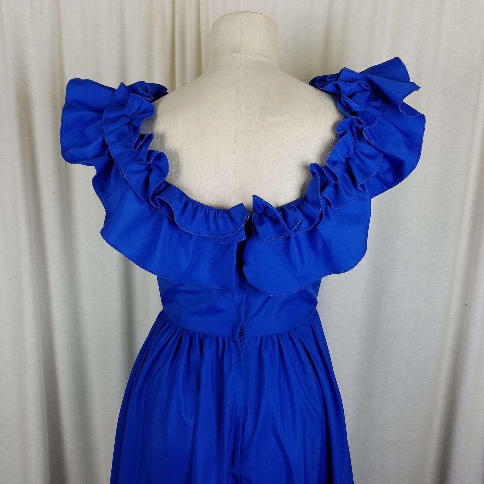 Vintage 70s 80s Royal Blue Ruffled Maxi Full Formal Prom Gown Dress Size L / US 10 / IT 46 - 5 Thumbnail