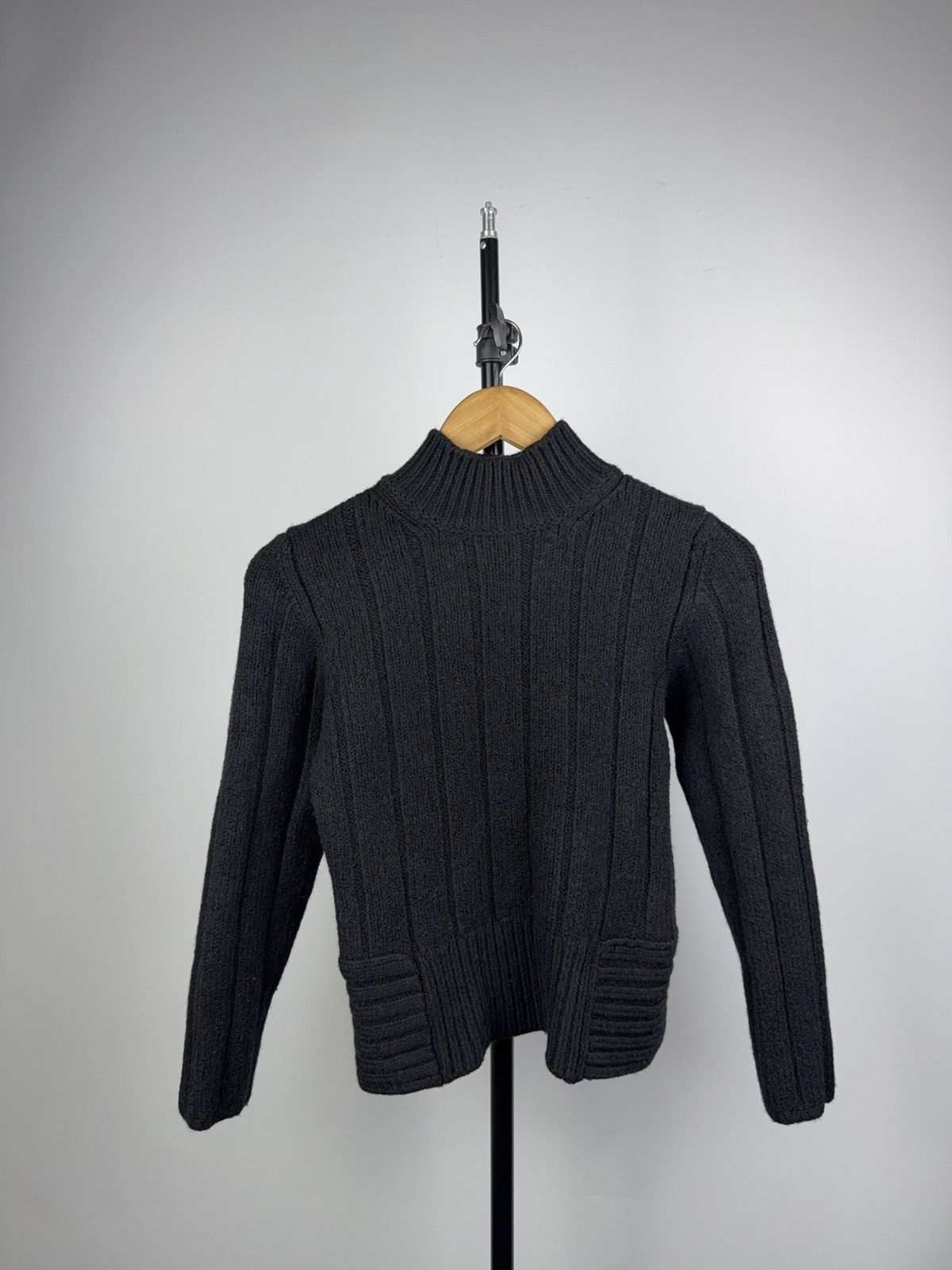 Luxury HUGO Boss Black Ribbed Wool Knit Mock Neck Sweater