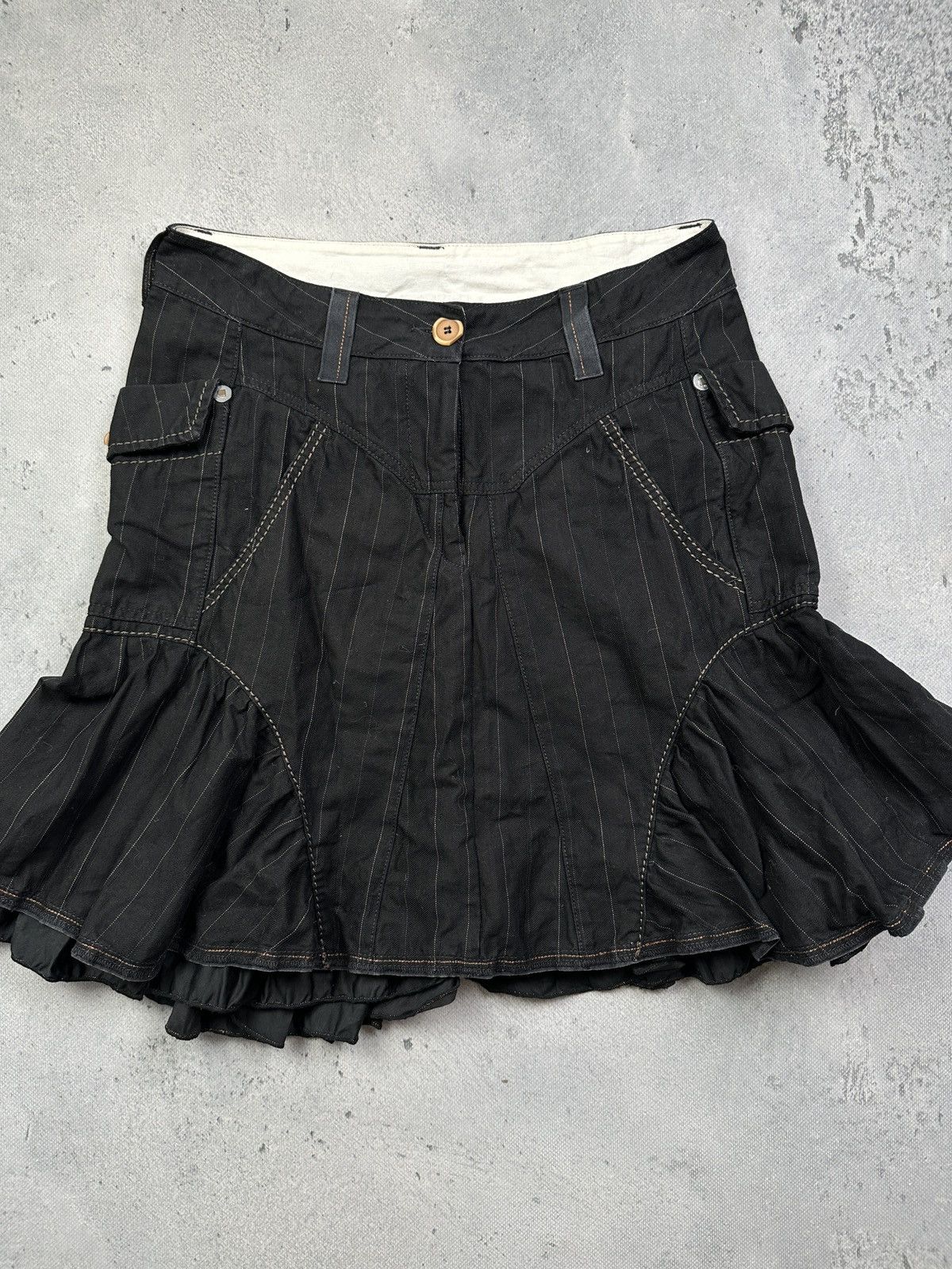 Marithe + Francois Girbaud Marithé + François Girbaud Ruffle Pinstripe Midi Denim Skirt Size 32" / US 10 / IT 46 - 7 Thumbnail