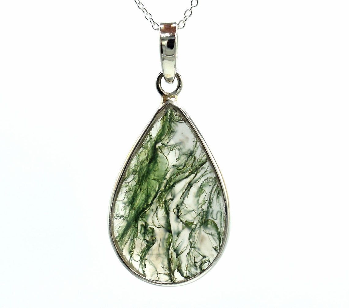 Handmade Pear Moss Agate Pendant: Bezel Set, 925 Silver Necklace Size ONE SIZE - 4 Thumbnail