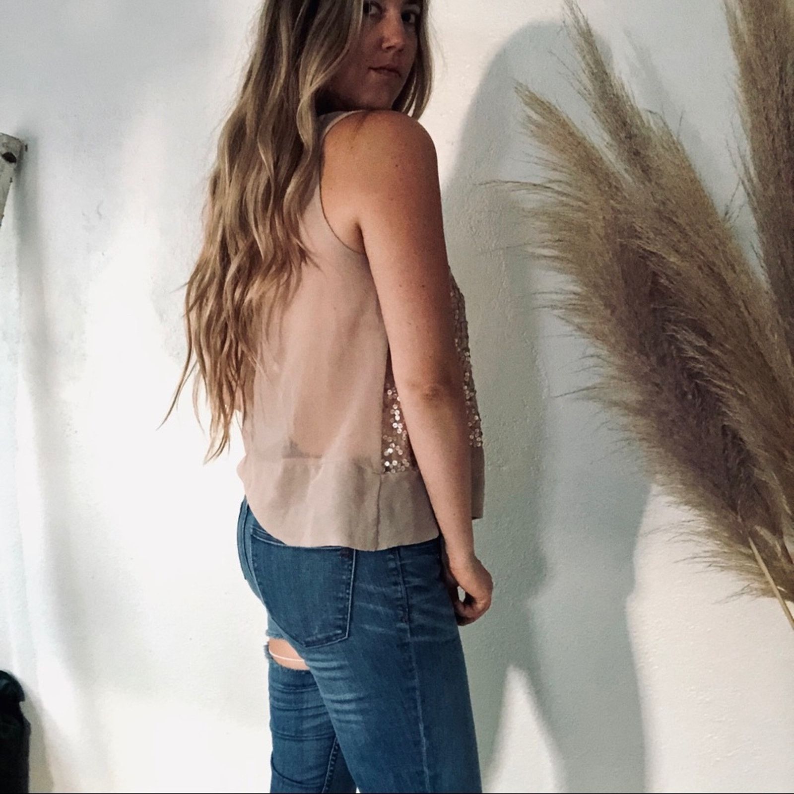 Nordstrom NORDSTROM Cream Sequin Sparkle Beaded Blouse Tank Top Shirt Size M / US 6-8 / IT 42-44 - 2 Thumbnail