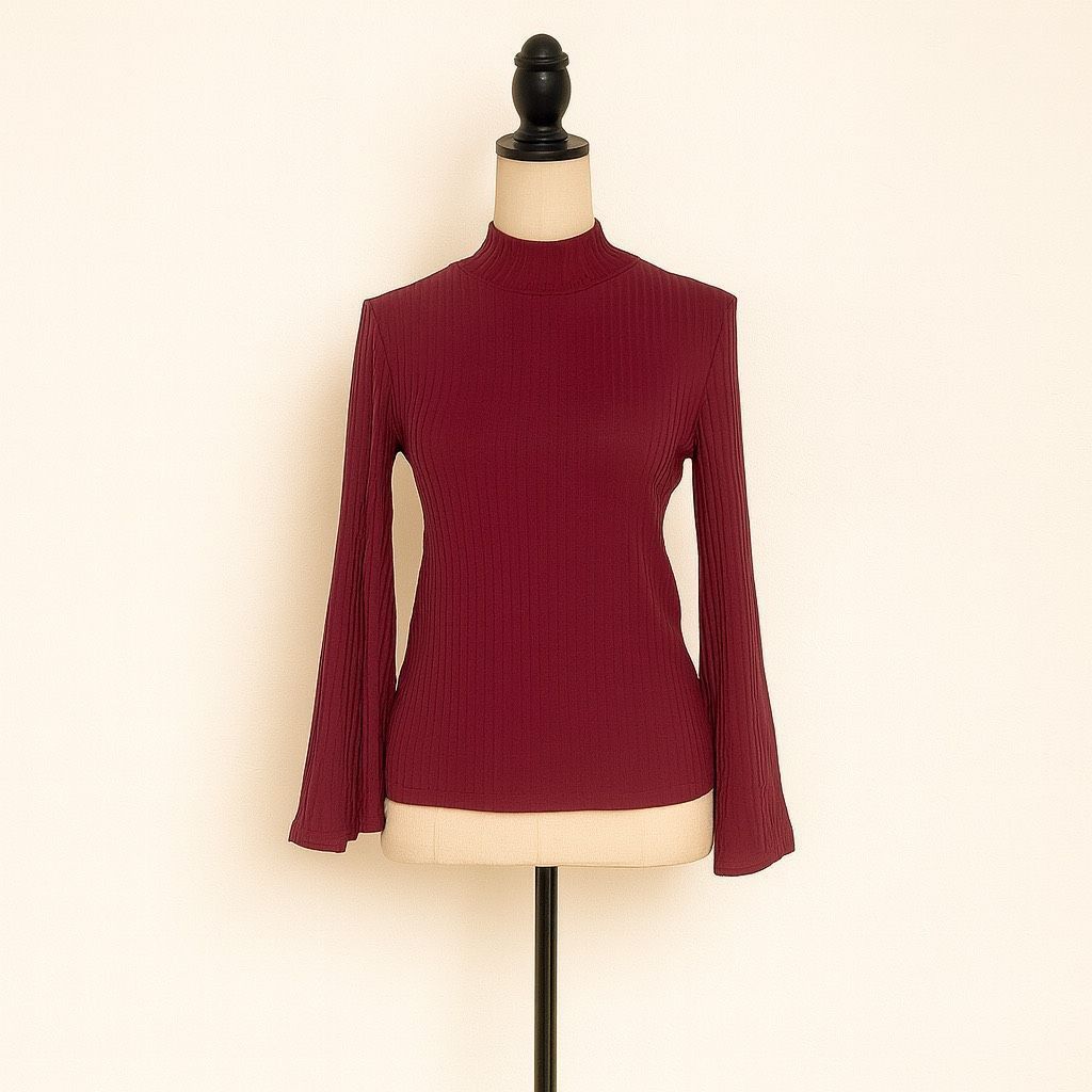 Shein SHEIN Burgundy Ribbed Bell Sleeve Top | Size S | Mock Neck L Size S / US 4 / IT 40 - 1 Thumbnail