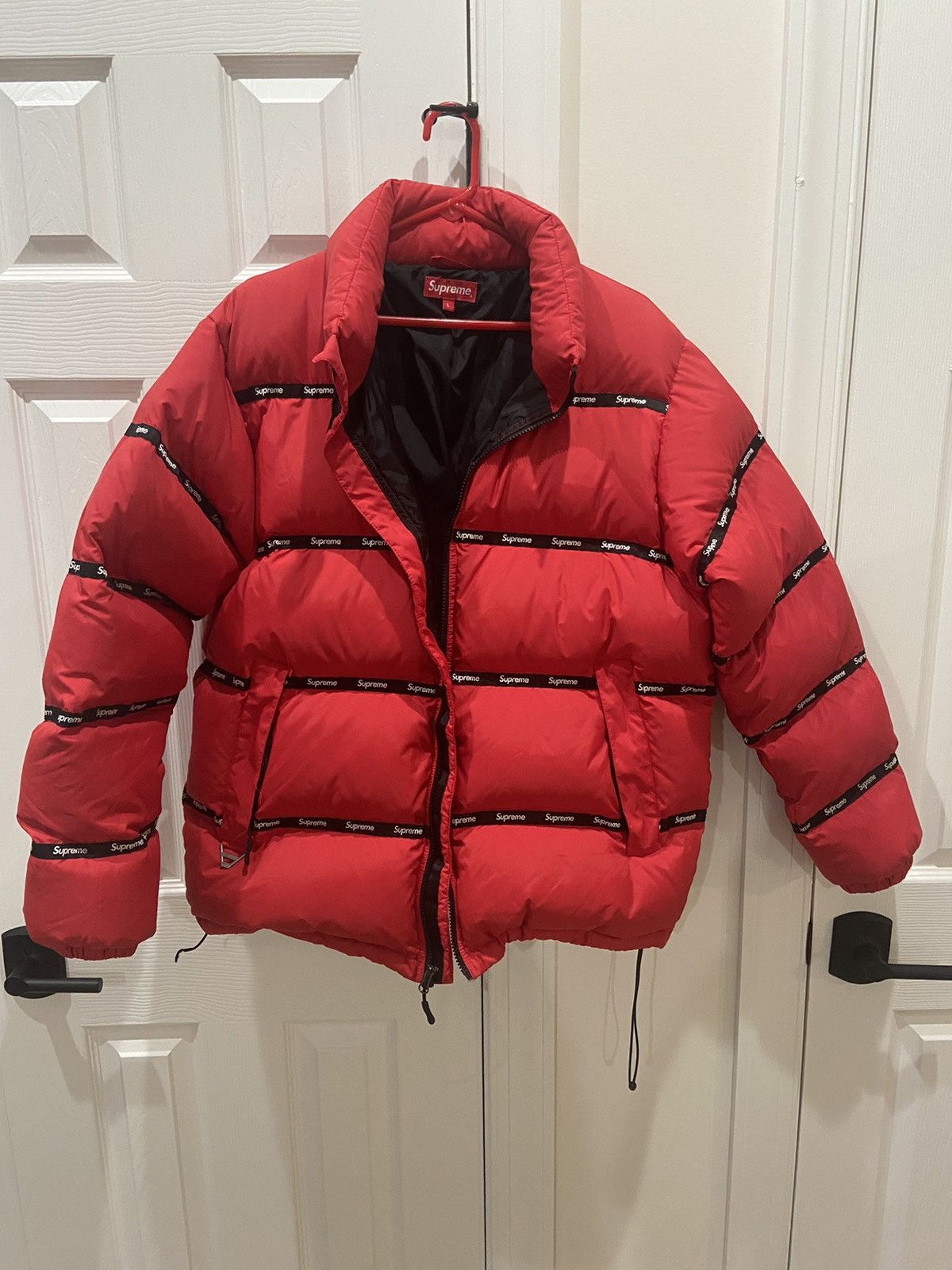 Supreme Red Logo Tape Puffy Jacket | Grailed