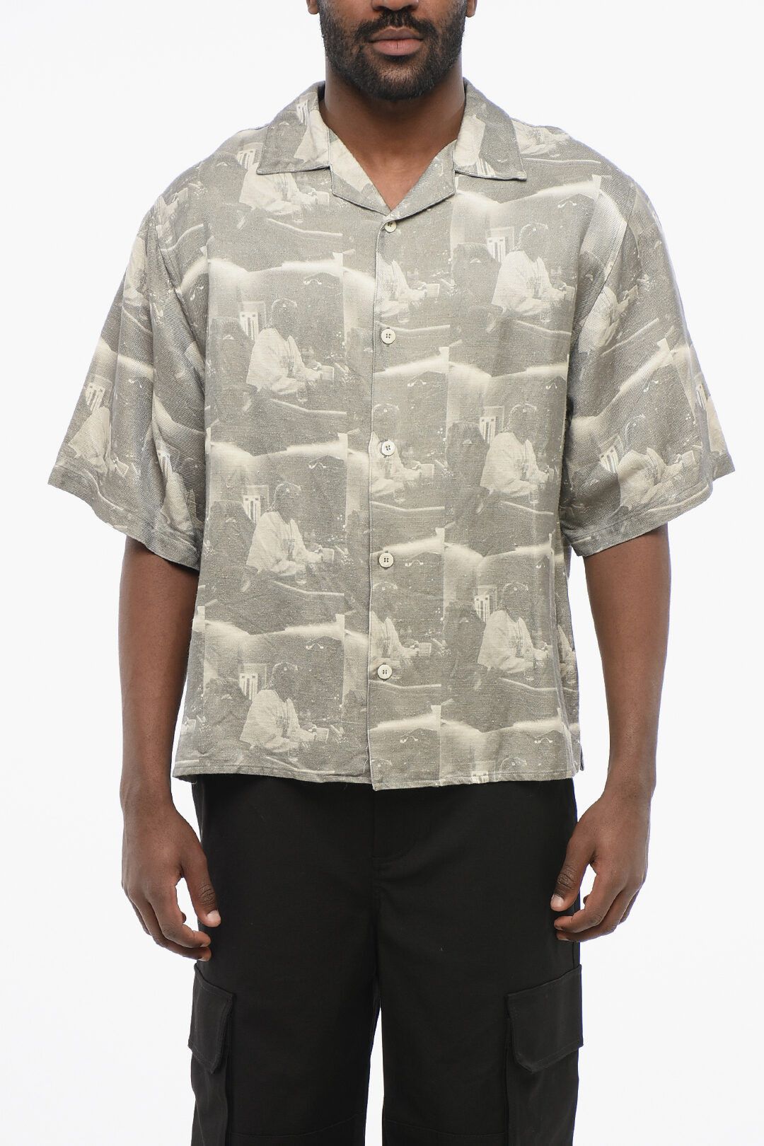 og1mm0725 Printed Linen Blend Bowling Shirt in Grey