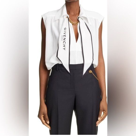 Givenchy GIVENCHY white silk logo scarf collared sleeveless blouse 10 Size L / US 10 / IT 46 - 1 Thumbnail