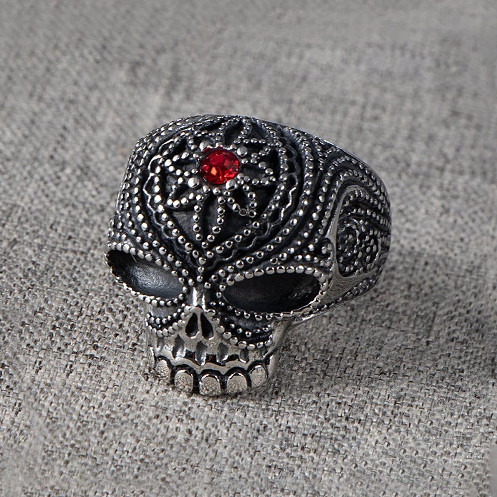 Jewelry Red Stone Skull Ring Size ONE SIZE - 1 Thumbnail