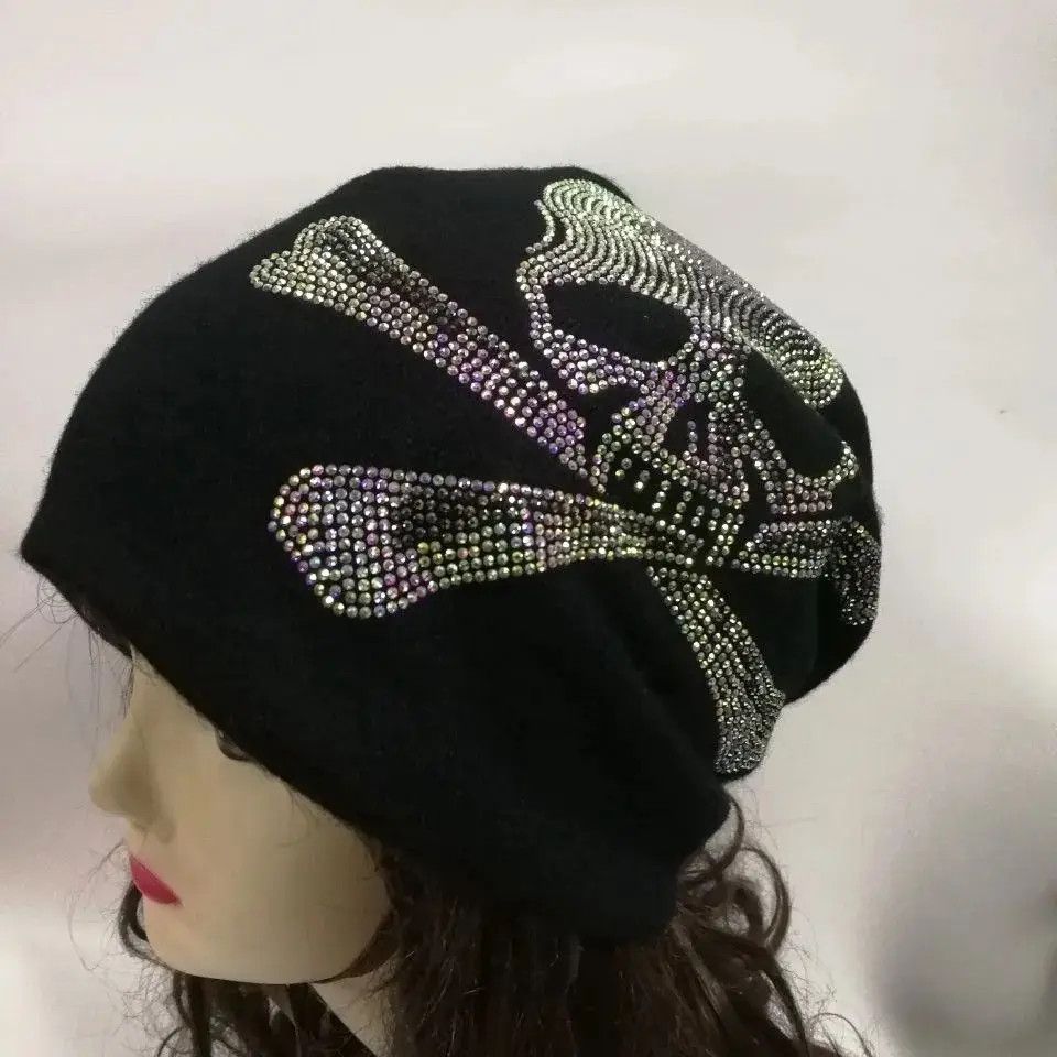 Vintage Gothic Black Skull Rhinestone Knitted Beanie Hats Size ONE SIZE - 2 Thumbnail