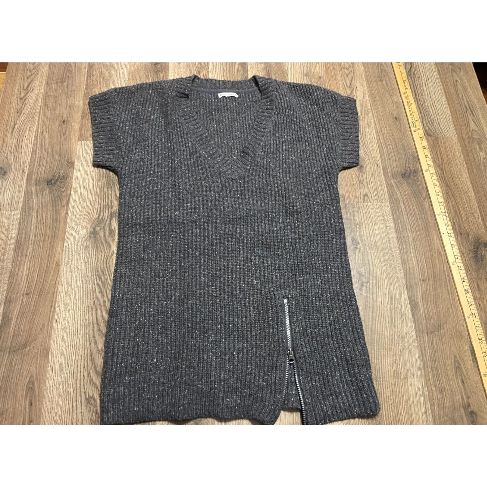 Vintage Ruff Hewn Dress Women Medium Gray V-Neck Wool Blend Side Zip Short Sleeve Size M / US 6-8 / IT 42-44 - 2 Thumbnail