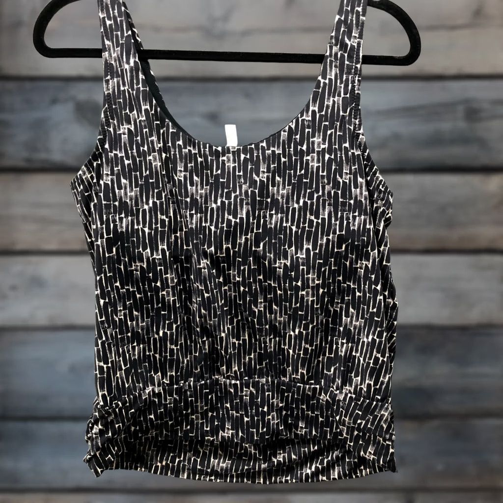 Vintage Garnet Hill Tankini Swim Top Womens 10 Black Beige Printed Padded Geometric Strap Wide Adjustable Built-In Bra Beach Art Size L / US 10 / IT 46 - 1 Thumbnail