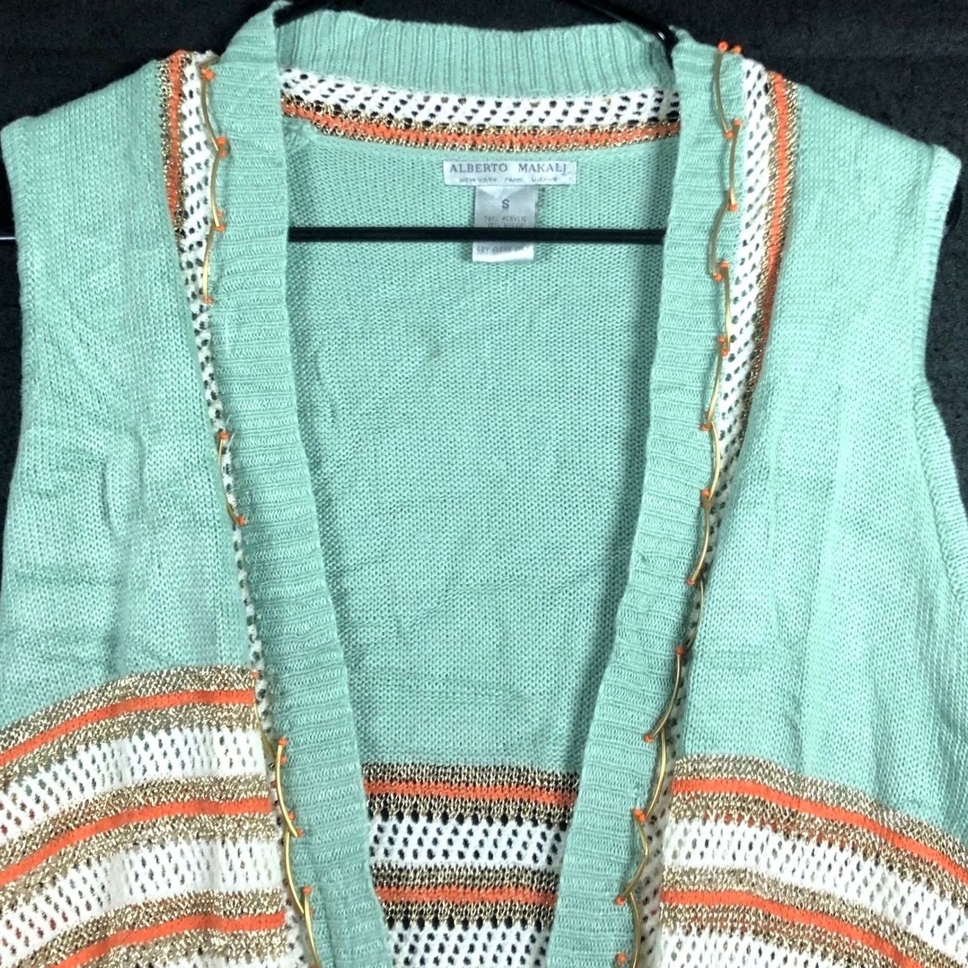 Vintage Alberto Makali Cardigan Sweater Open Front Striped Sleeveless Green Orange Small Women sizing S Casual Party/Cocktail Workwear Size S / US 4 / IT 40 - 2 Thumbnail