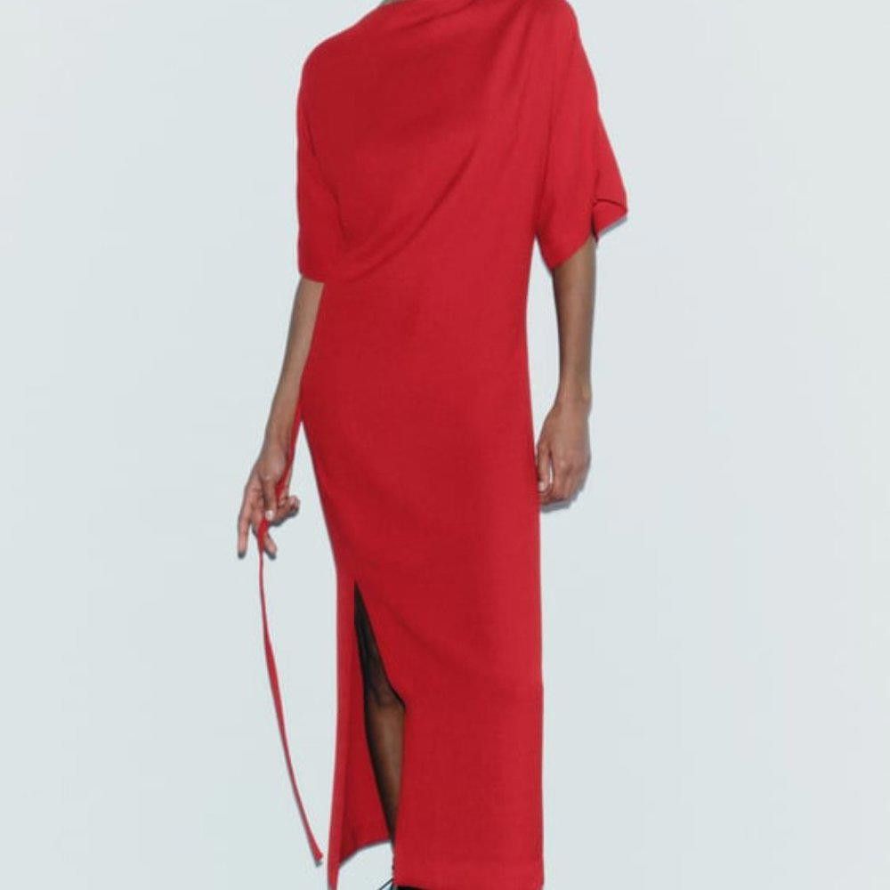 Zara NWT ZARA LONG BELTED DRESS ZW COLLECTION XS red Size XS / US 0-2 / IT 36-38 - 5 Thumbnail