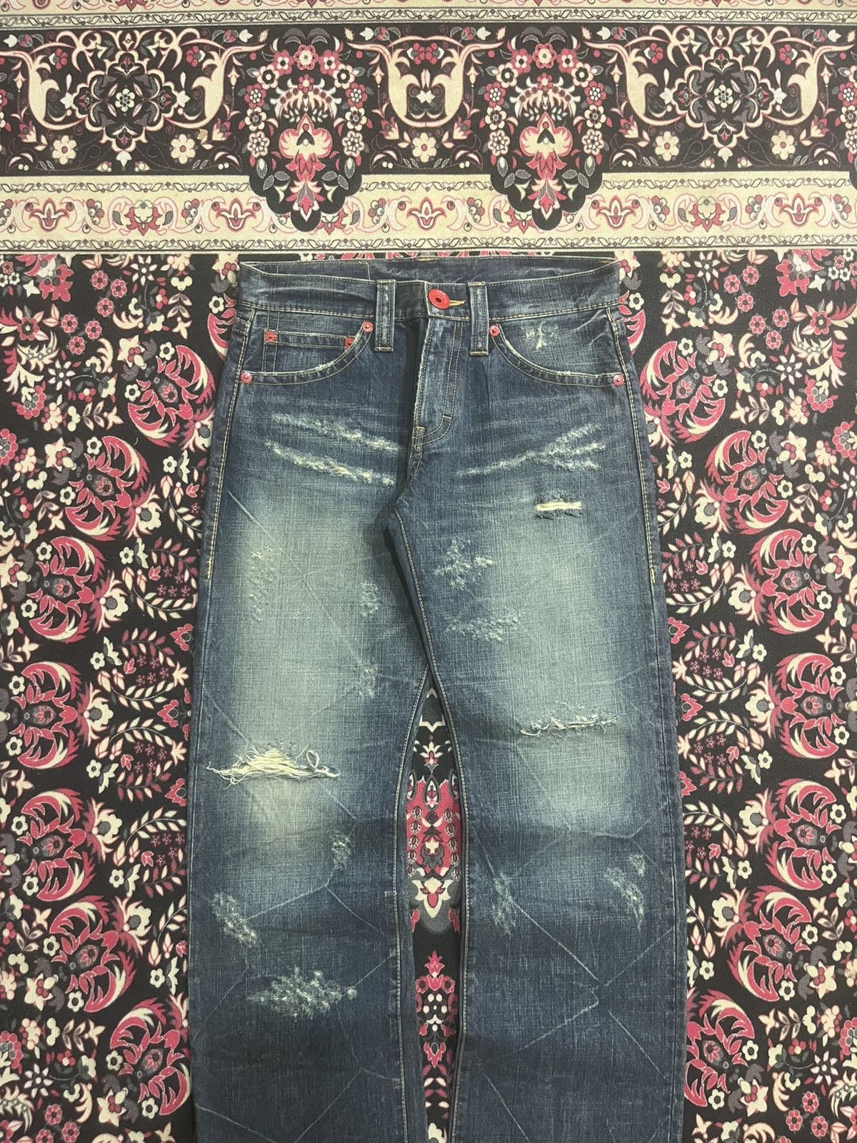 GOSTAR DE FUGA Co&Lu Cracked Distressed Big Slogan Dark Blue Loose Jeans Size US 31 - 3 Thumbnail