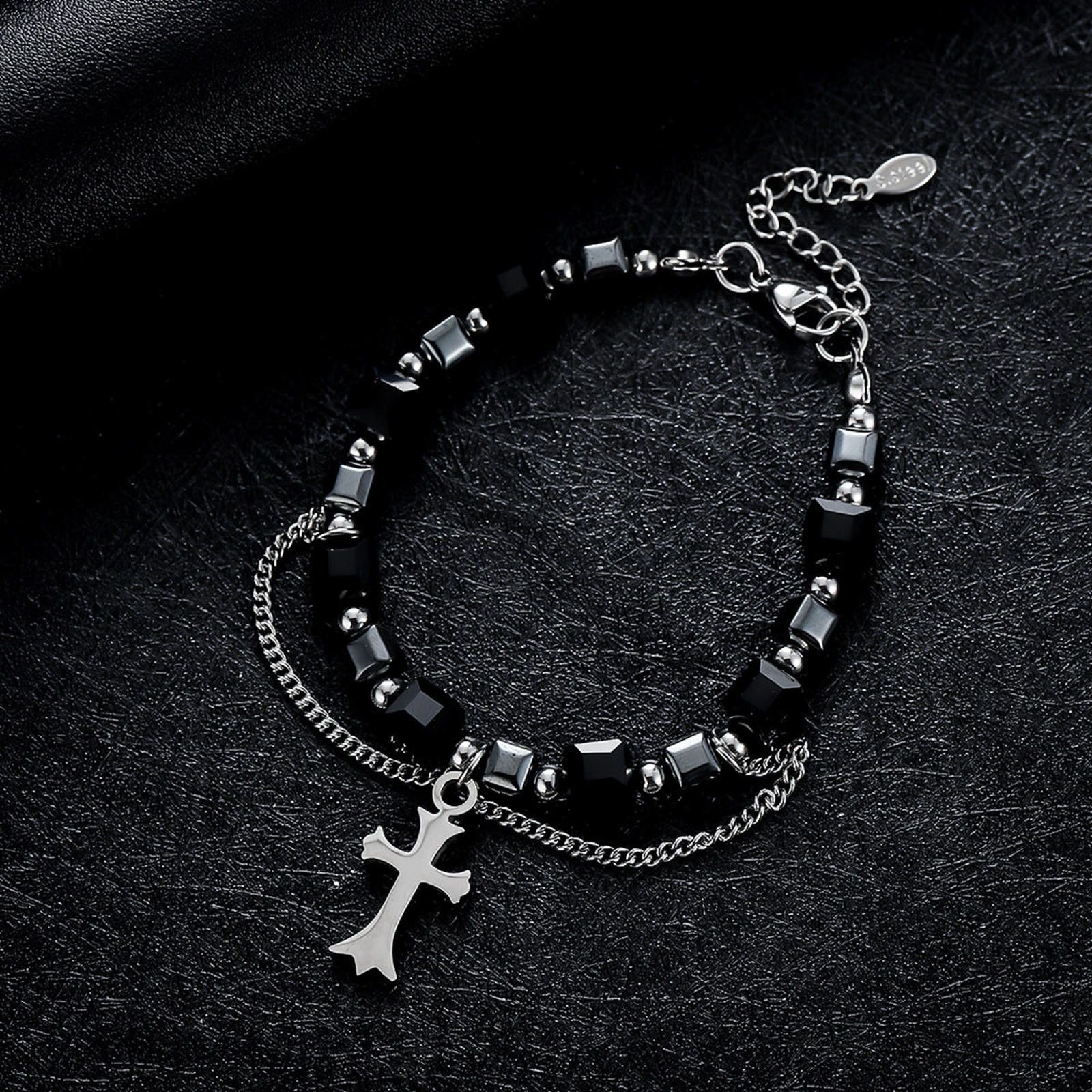 Jewelry Black Beaded Cross Charm Men's Bracelet Size ONE SIZE - 2 Thumbnail