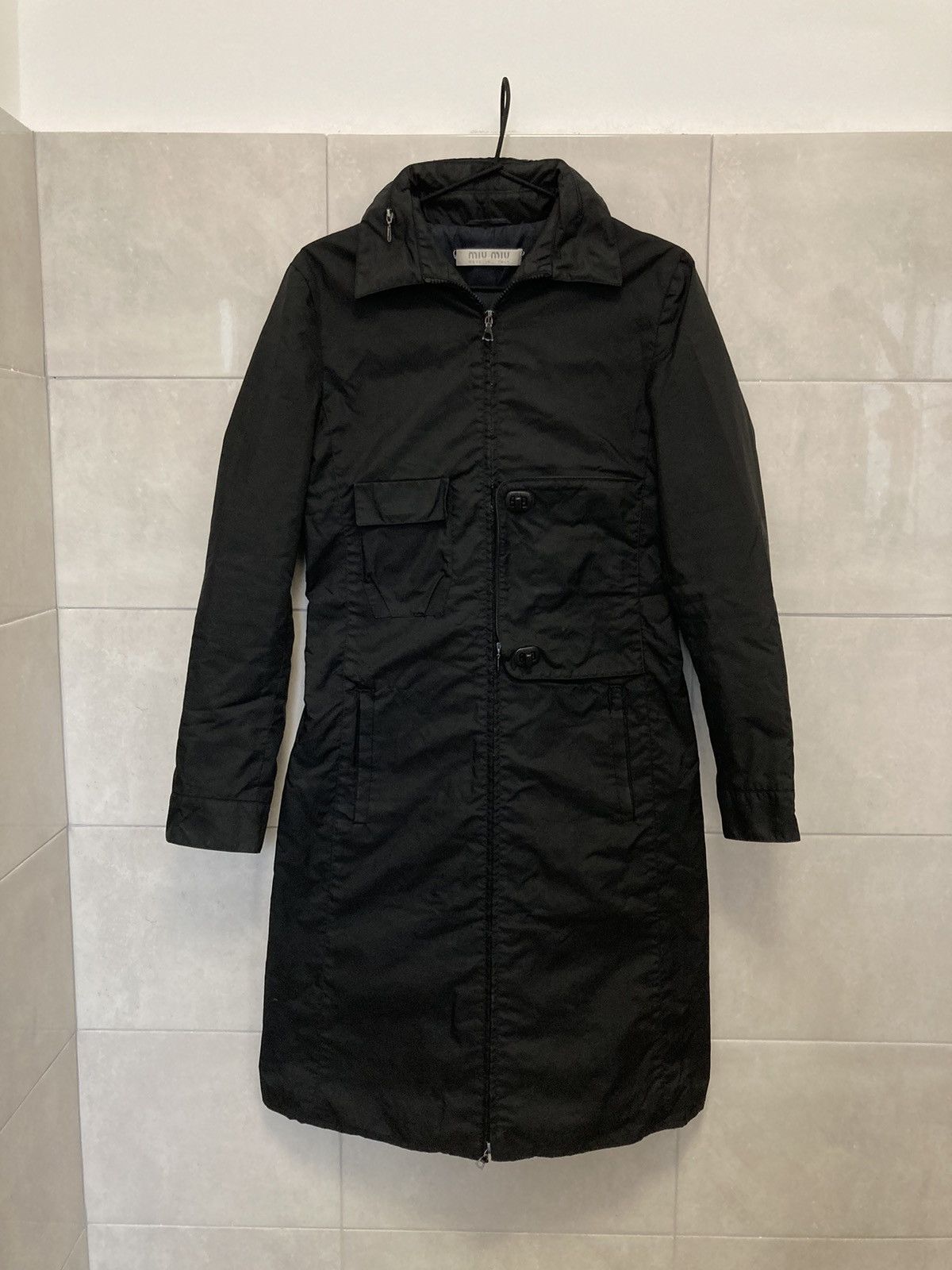 image of Archival Clothing x Miu Miu 1999 Miu Miu Hidden Pocket Nylon Trench Coat in Black, Women's (Size Me