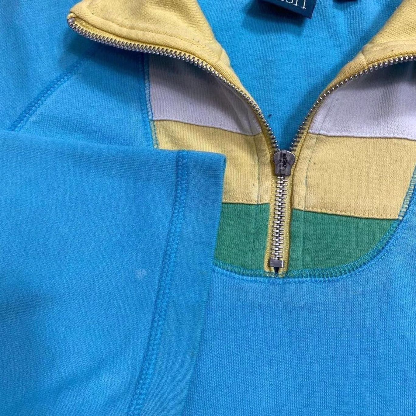 ASH VINTAGE Dash Colour Block Embroidered Fish 1/4 Zip Sweatshirt Women's UK 14 Blue/Yellow/Green/White Pullover Size XL / US 12-14 / IT 48-50 - 3 Thumbnail