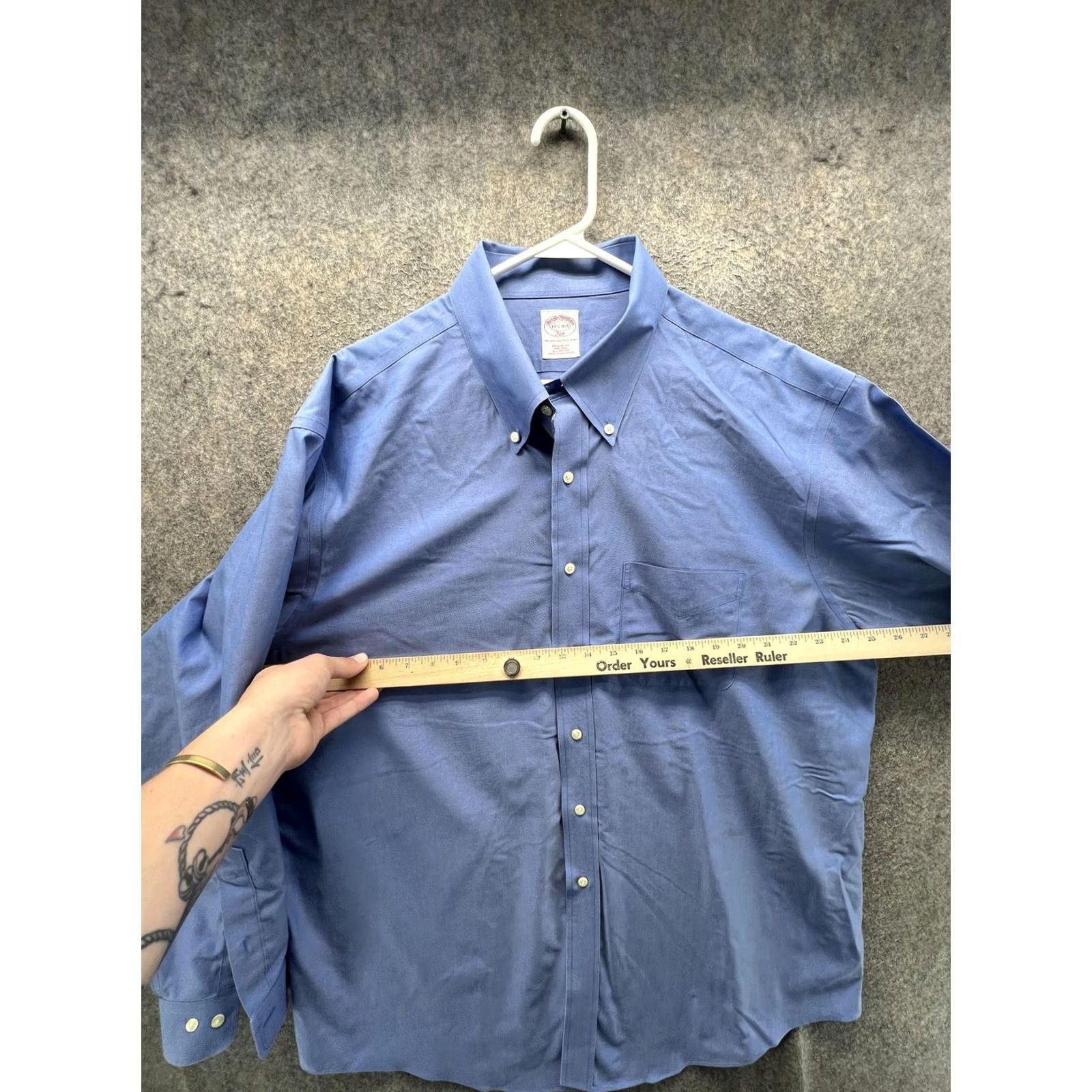 Brooks Brothers Brooks Brothers Dress Shirt Mens 17.5 Solid Blue Regular Fit Non-Iron 100% Cotton Button-Down Collar 34/35 Sleeve Size 48R - 5 Thumbnail