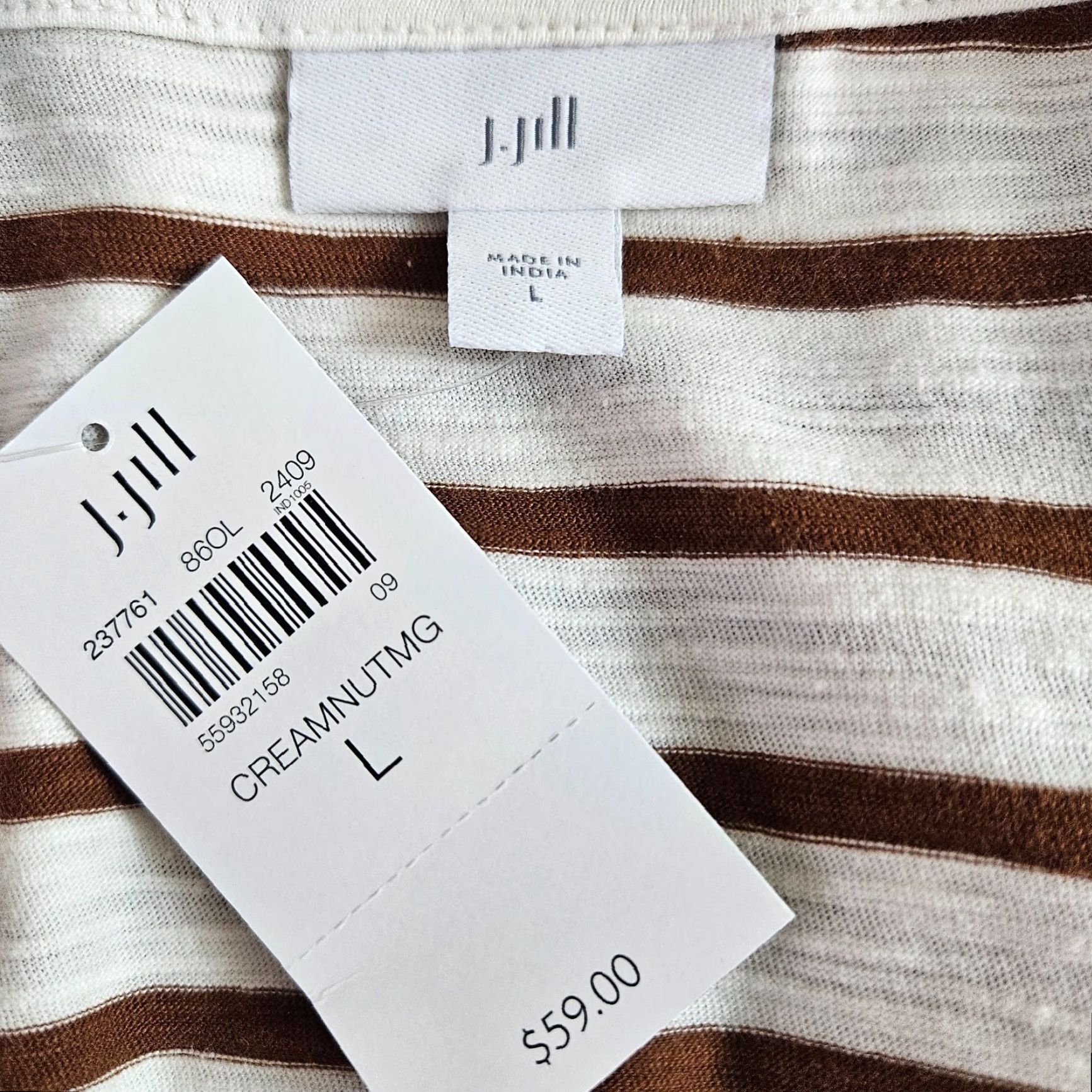 J. Jill Blouse Shirt Womens Large L Striped Cotton Nutmeg Cream Long Sleeve Buttonless Pullover Historical Style: Basic New with Tags