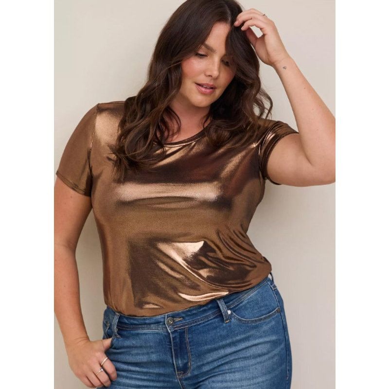 Torrid Torrid Womens Liquid Shine Crew Neck Top 3X Bronze Metallic Size 3XL / US 20-22 - 1 Thumbnail