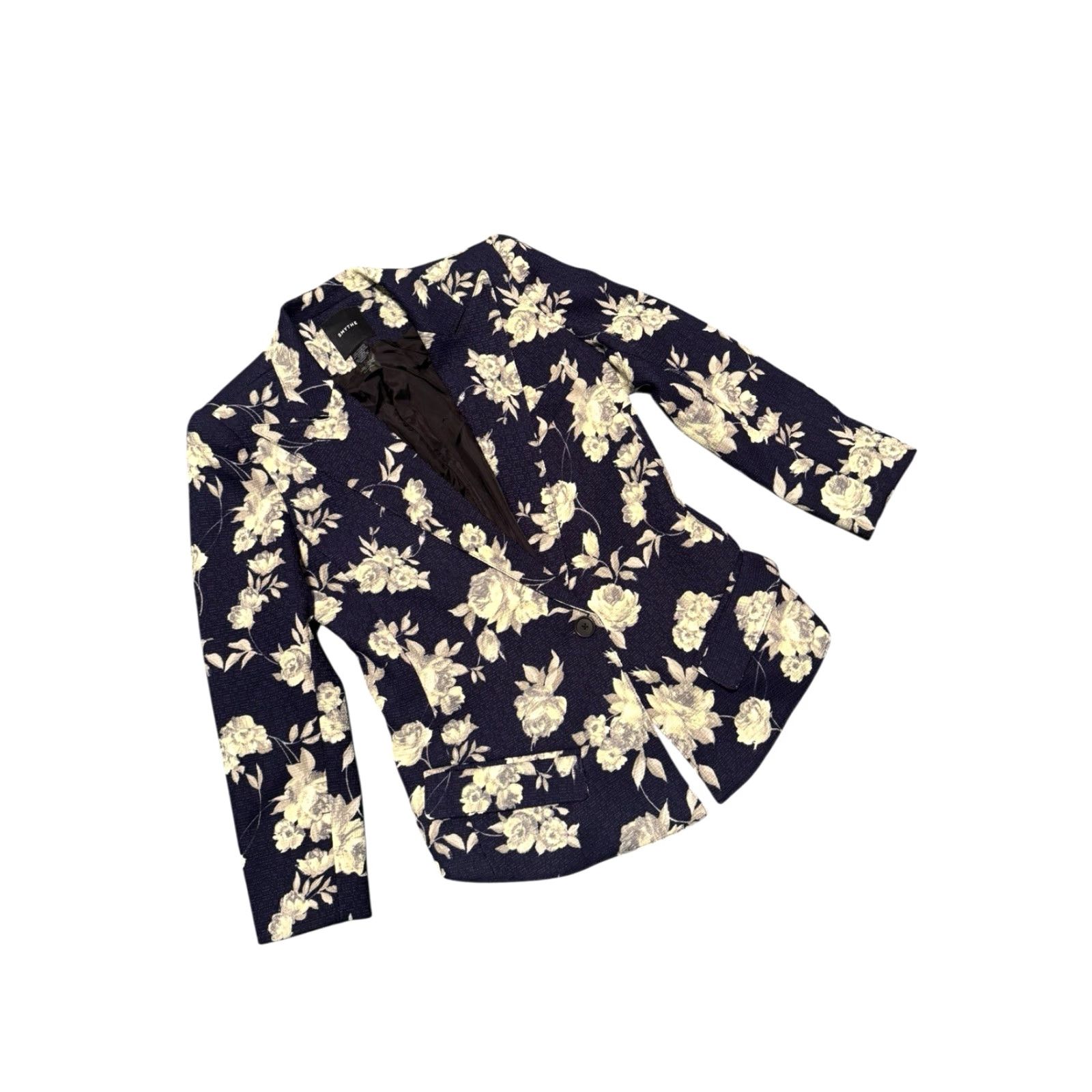 SMYTHE Smythe Blazer Women Floral Navy One-Button Size 4 Blue Tweed Linen Short Coat Jacket Business Casual Fall Spring Winter Canada Size S / US 4 / IT 40 - 3 Thumbnail