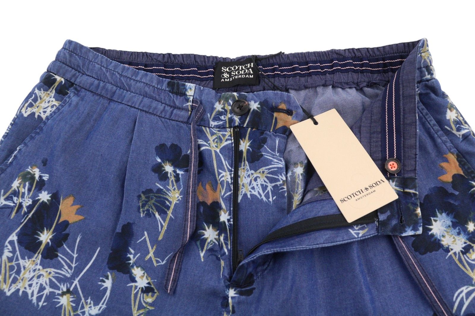 Scotch & Soda W33 Blue Floral Print Pleated Tencel Chino Shorts 91023 Size US 33 - 5 Thumbnail