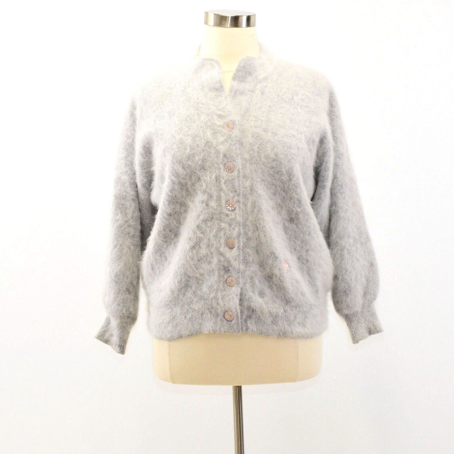 Image of 80's Vintage Womens XL Gray Fuzzy Angora Embroidered Cardigan Sweater Rabbits in White