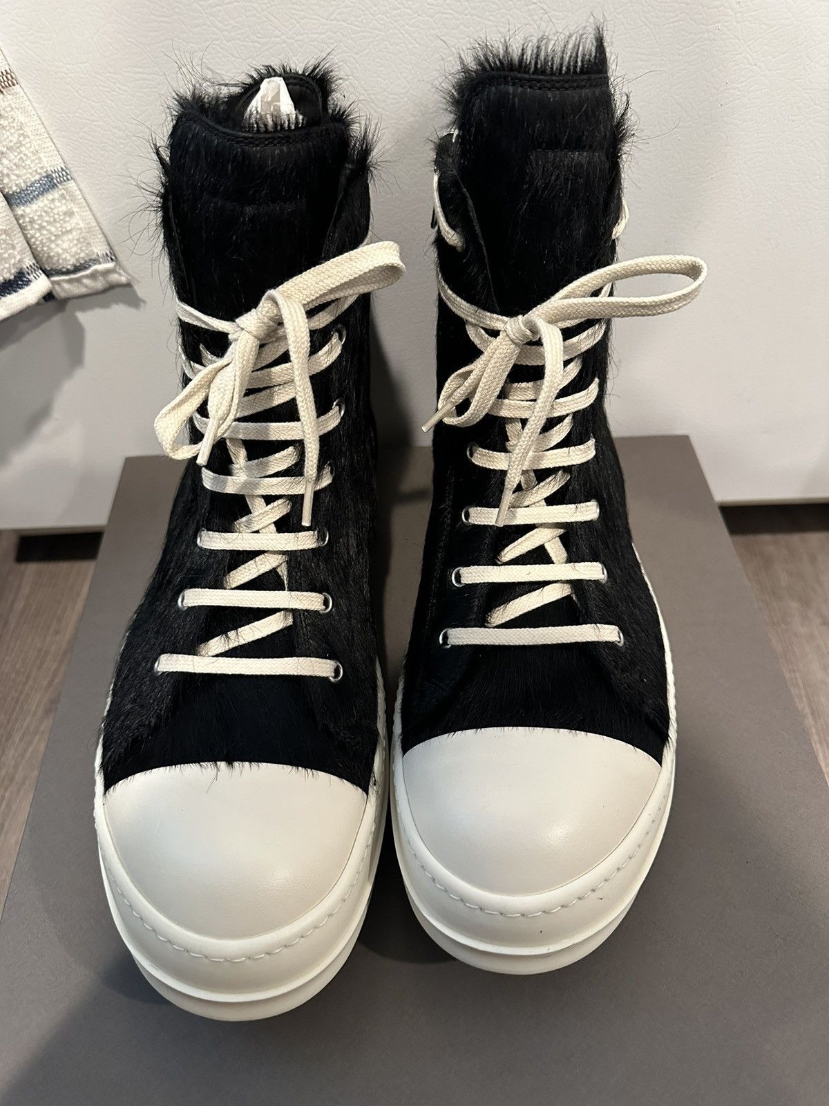Pre-owned Rick Owens Pony Hair Ramones High Black Milk Size 45 Shoes