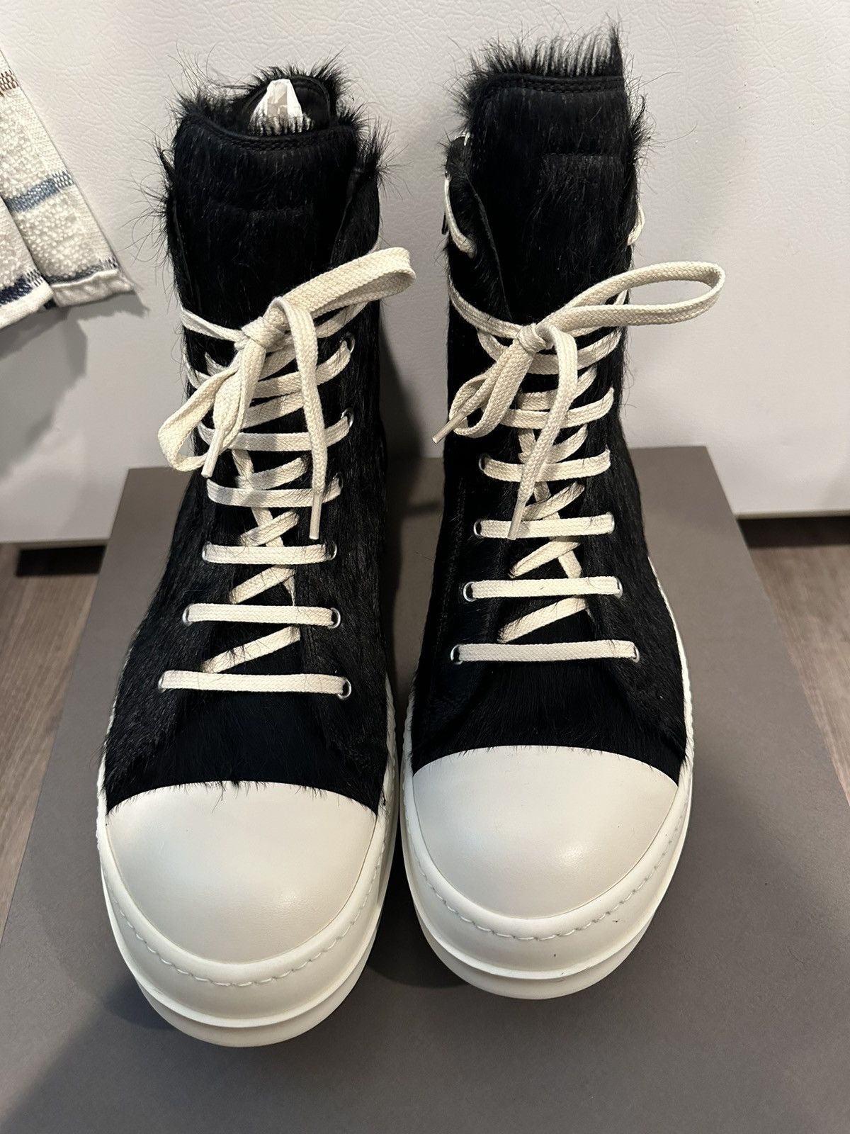 image of Rick Owens Pony Hair Ramones High Black Milk Size 45 Shoes, Men's