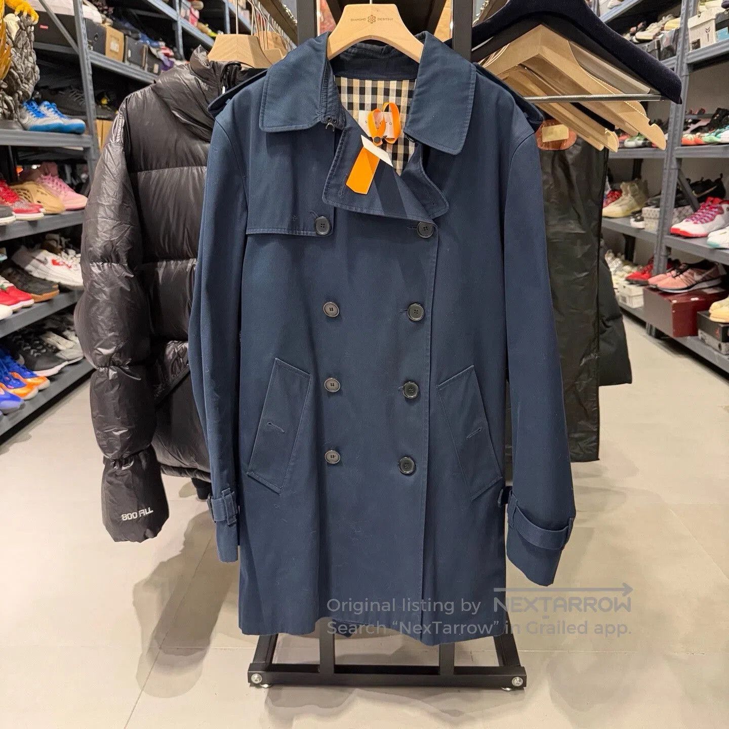 Sandro Men's Double-Breasted Blue Trench Coat.