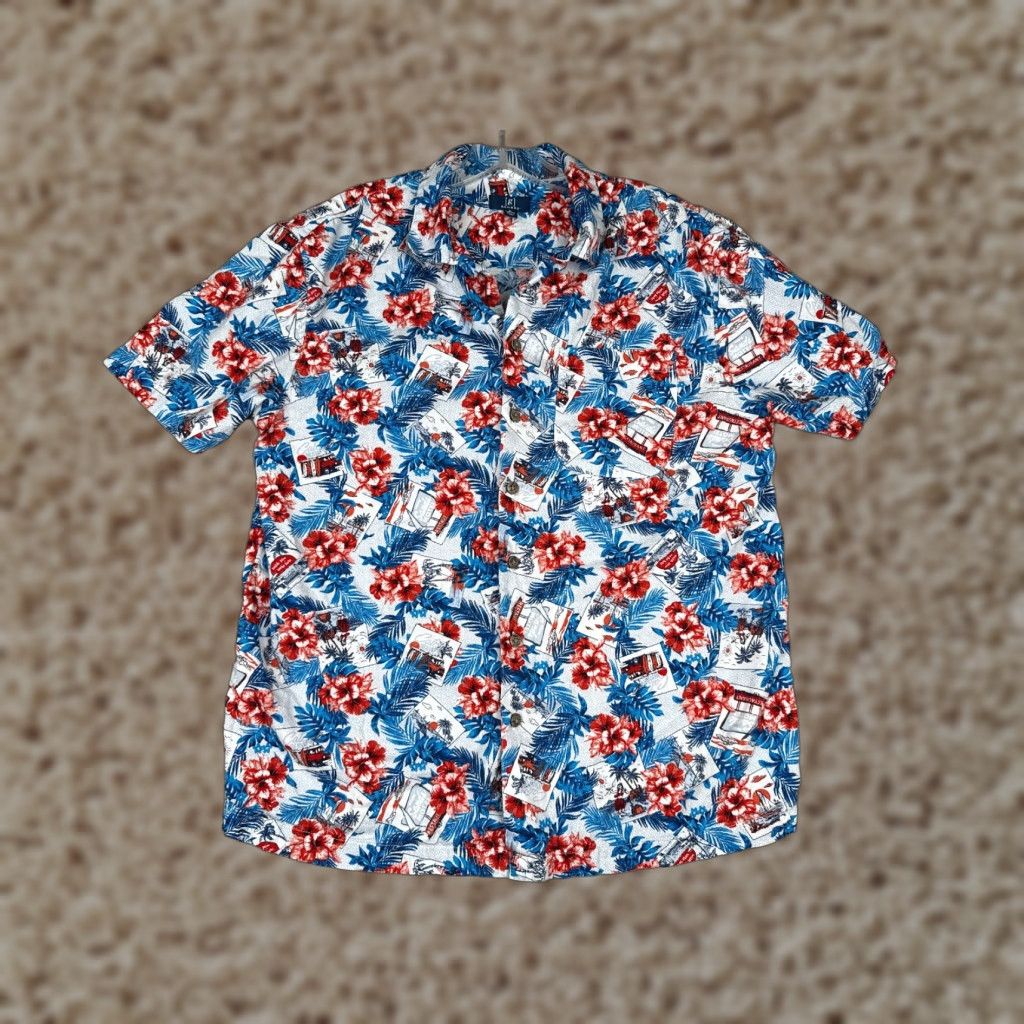 George George Button-Up Shirt Adult Medium White Floral Hawaiian Rayon Casual Mens Size US M / EU 48-50 / 2 - 1 Thumbnail