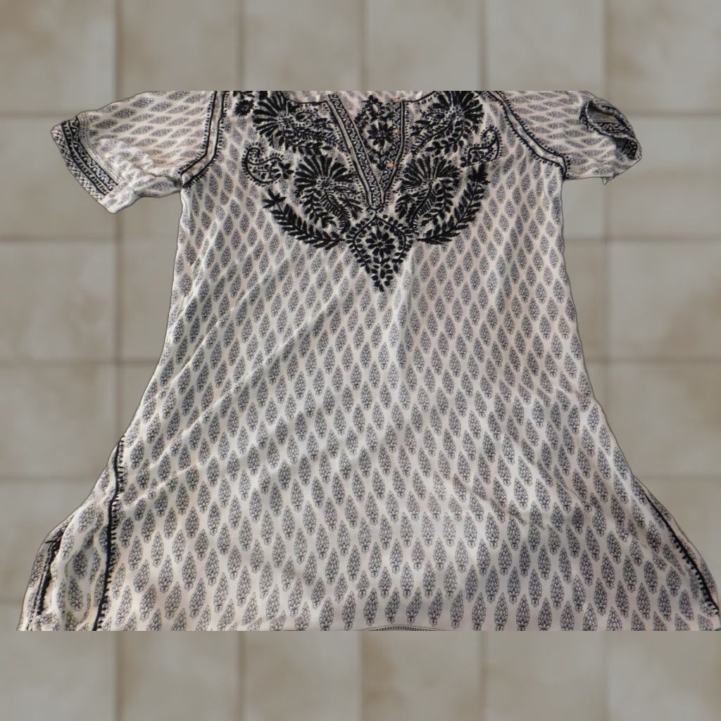 Vintage Al Jaber Gallery Dress Large Gray A-Line Dolman Sleeve Silk Polyester Midi Crew Neck Ruffle Geometric Pattern Women Regular Autumn Fall Vintage: No Size L / US 10 / IT 46 - 1 Thumbnail